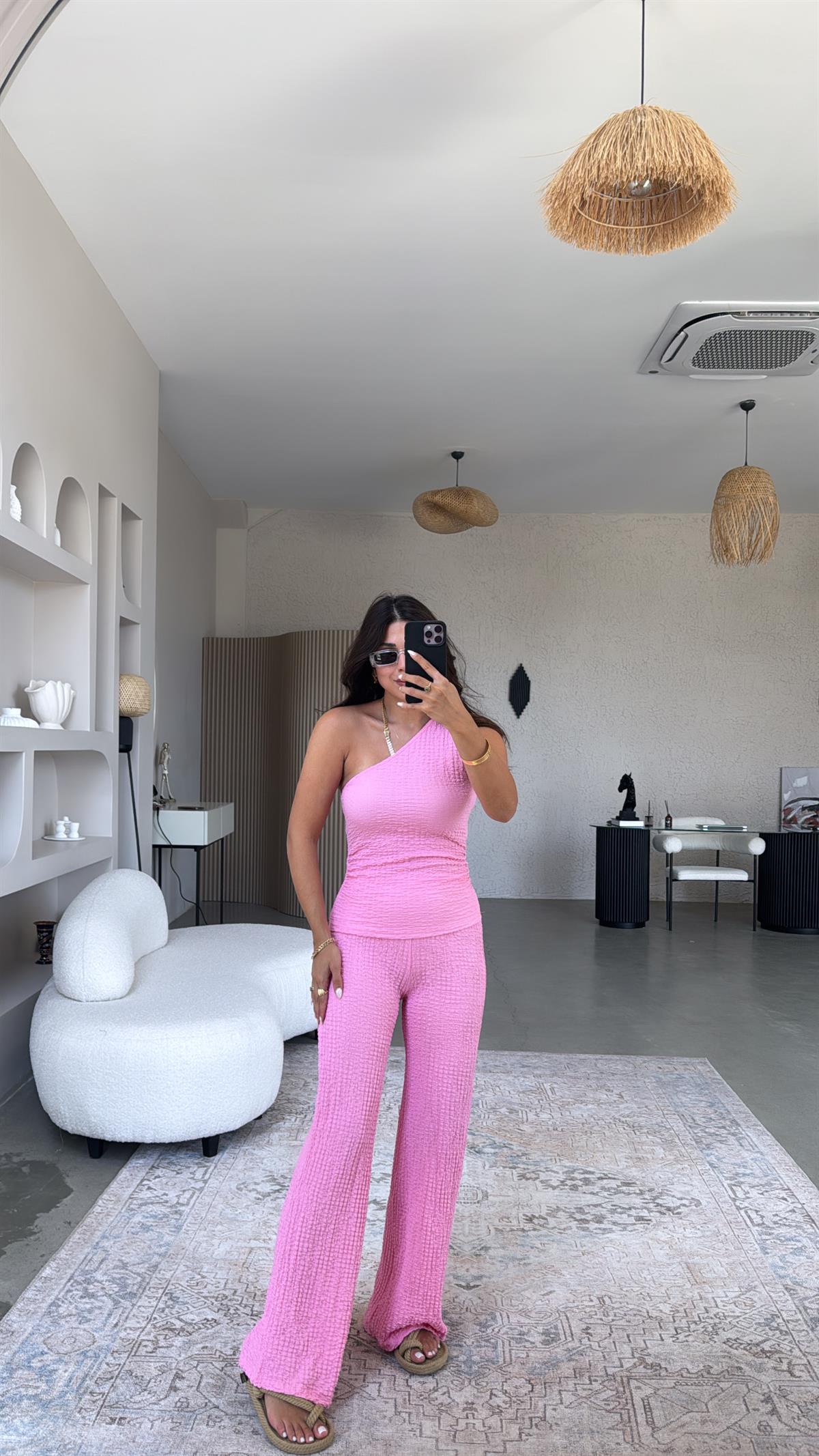 Pembe Tek Omuz Gofre Takım