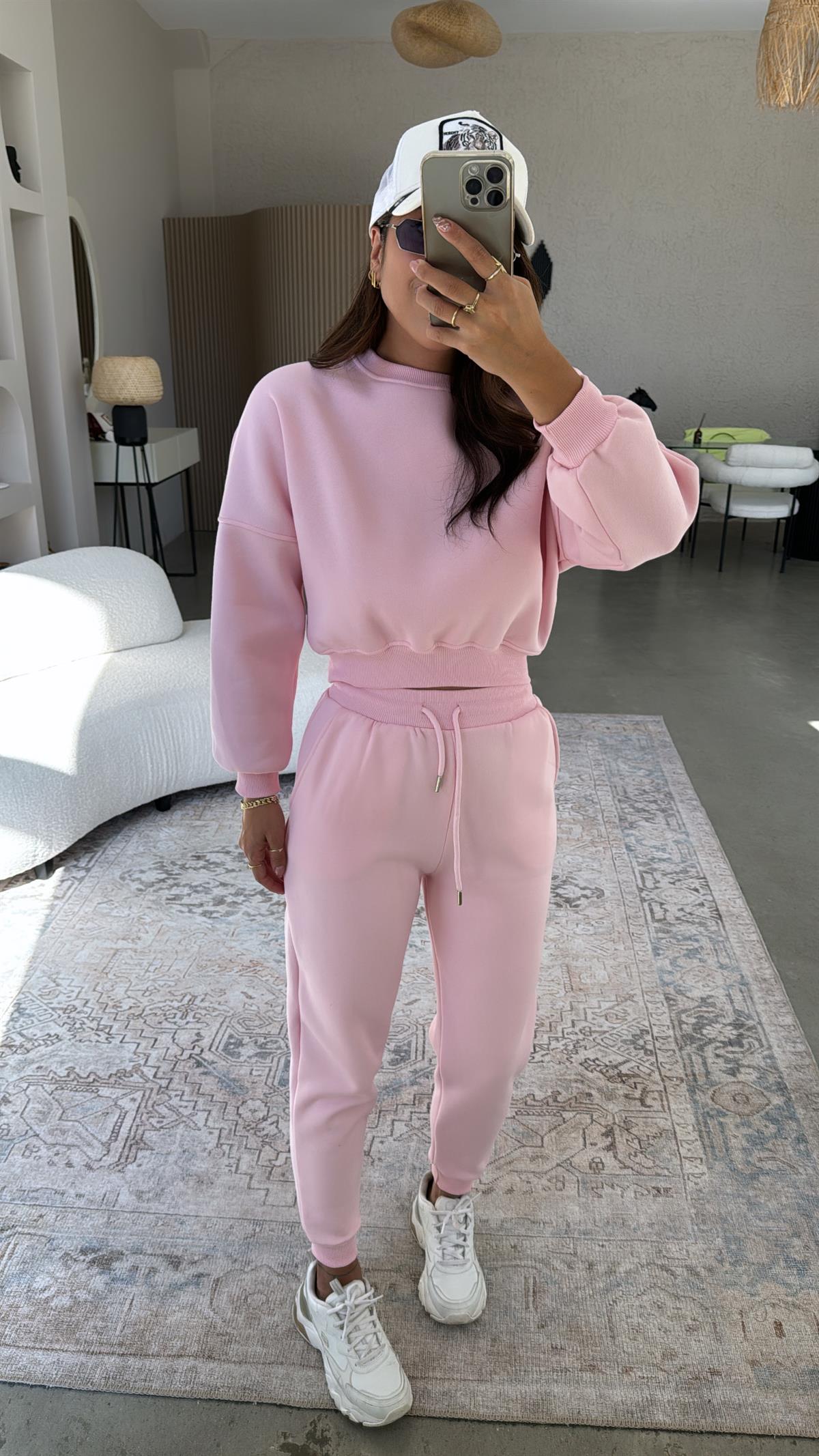 Pembe Üç İplik Şardonlu Eşofman Takımı