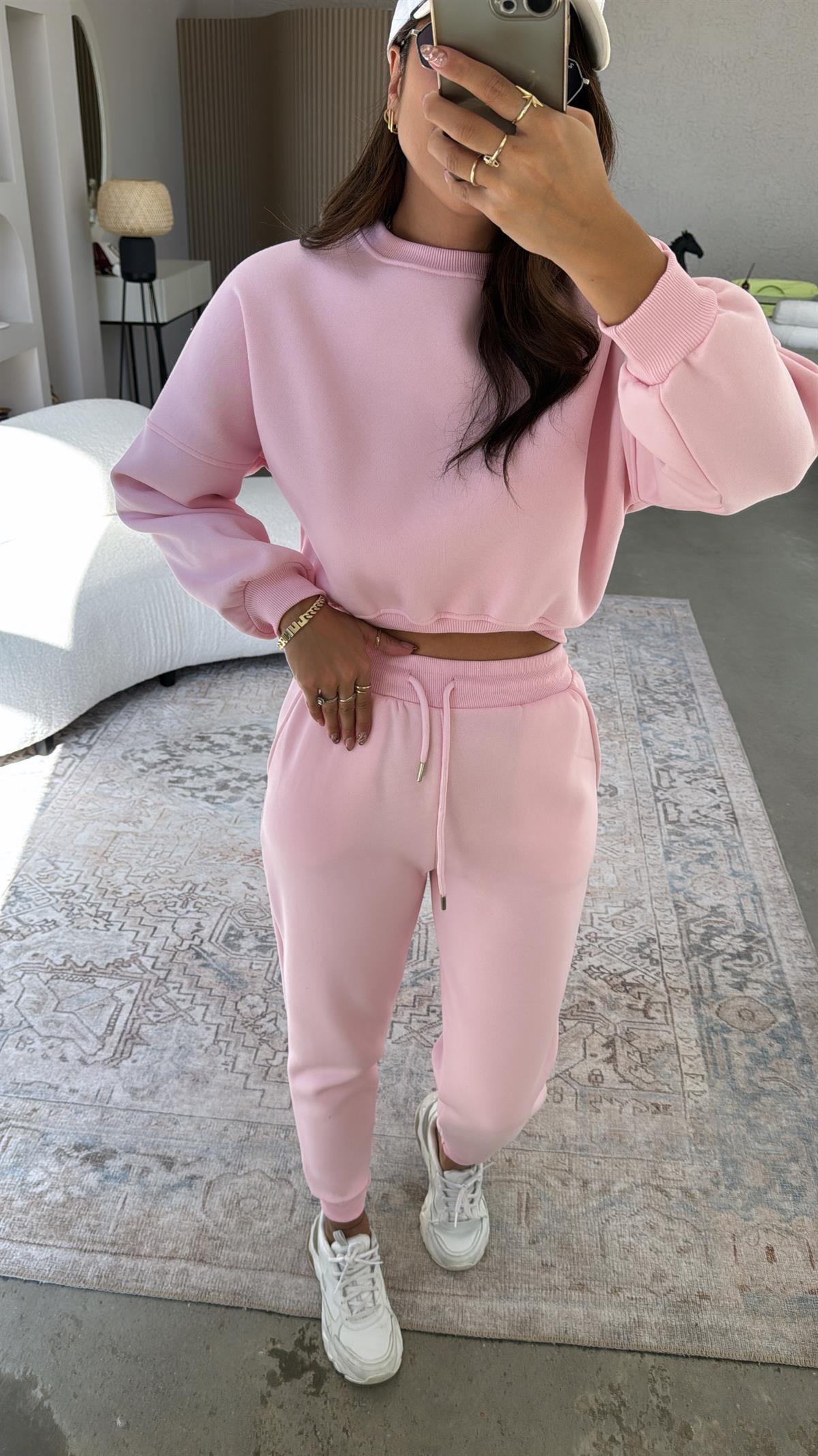 Pembe Üç İplik Şardonlu Eşofman Takımı