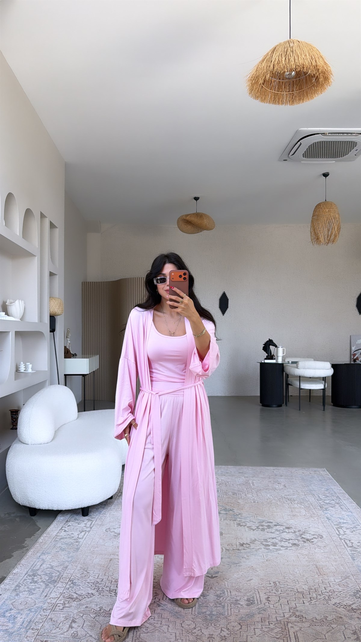 Pembe Uzun Viskon Less Kimono