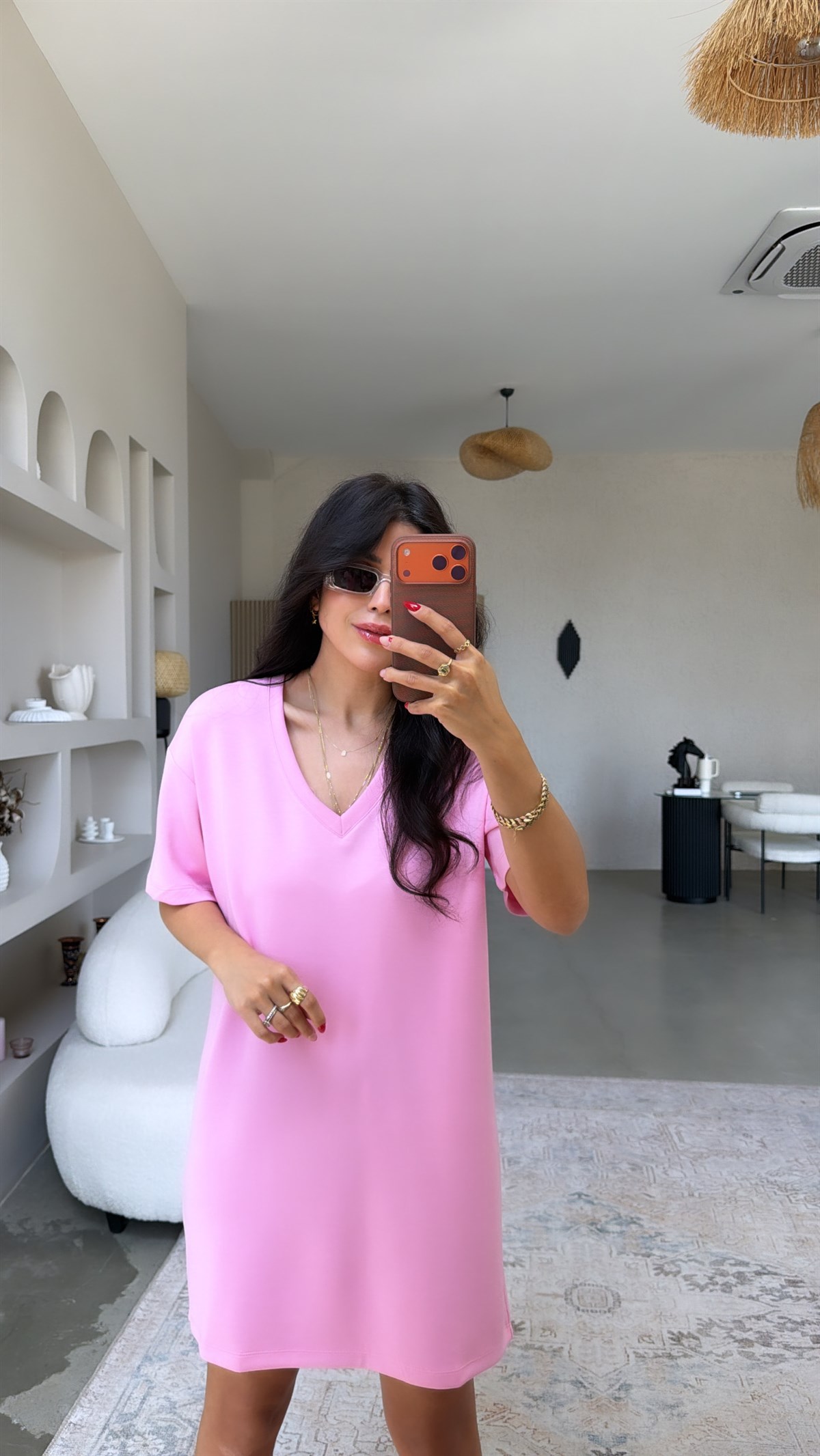 Pembe V Yaka Basic Modal Elbise