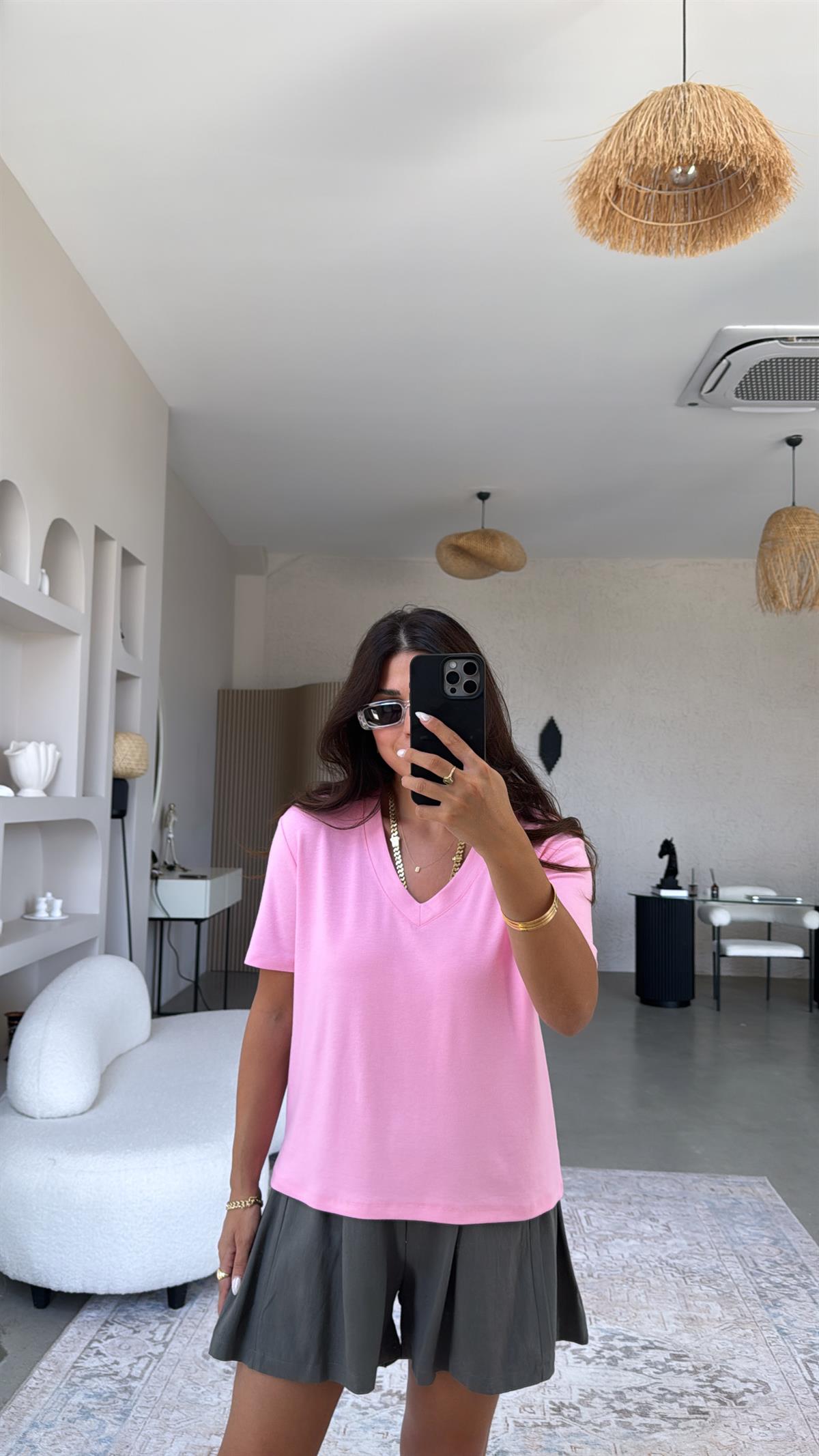 Pembe V Yaka Salaş Bluz