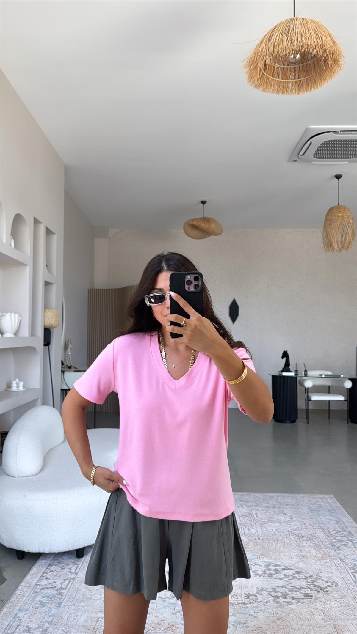 Pembe V Yaka Salaş Bluz