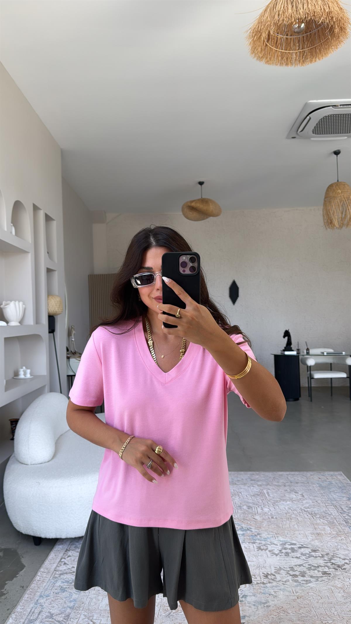 Pembe V Yaka Salaş Bluz