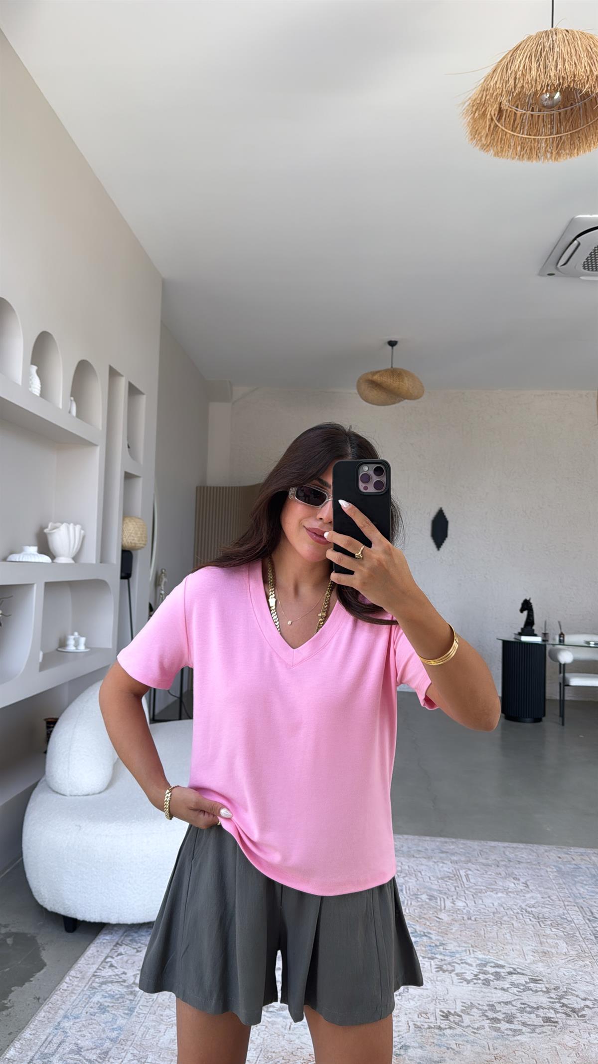 Pembe V Yaka Salaş Bluz