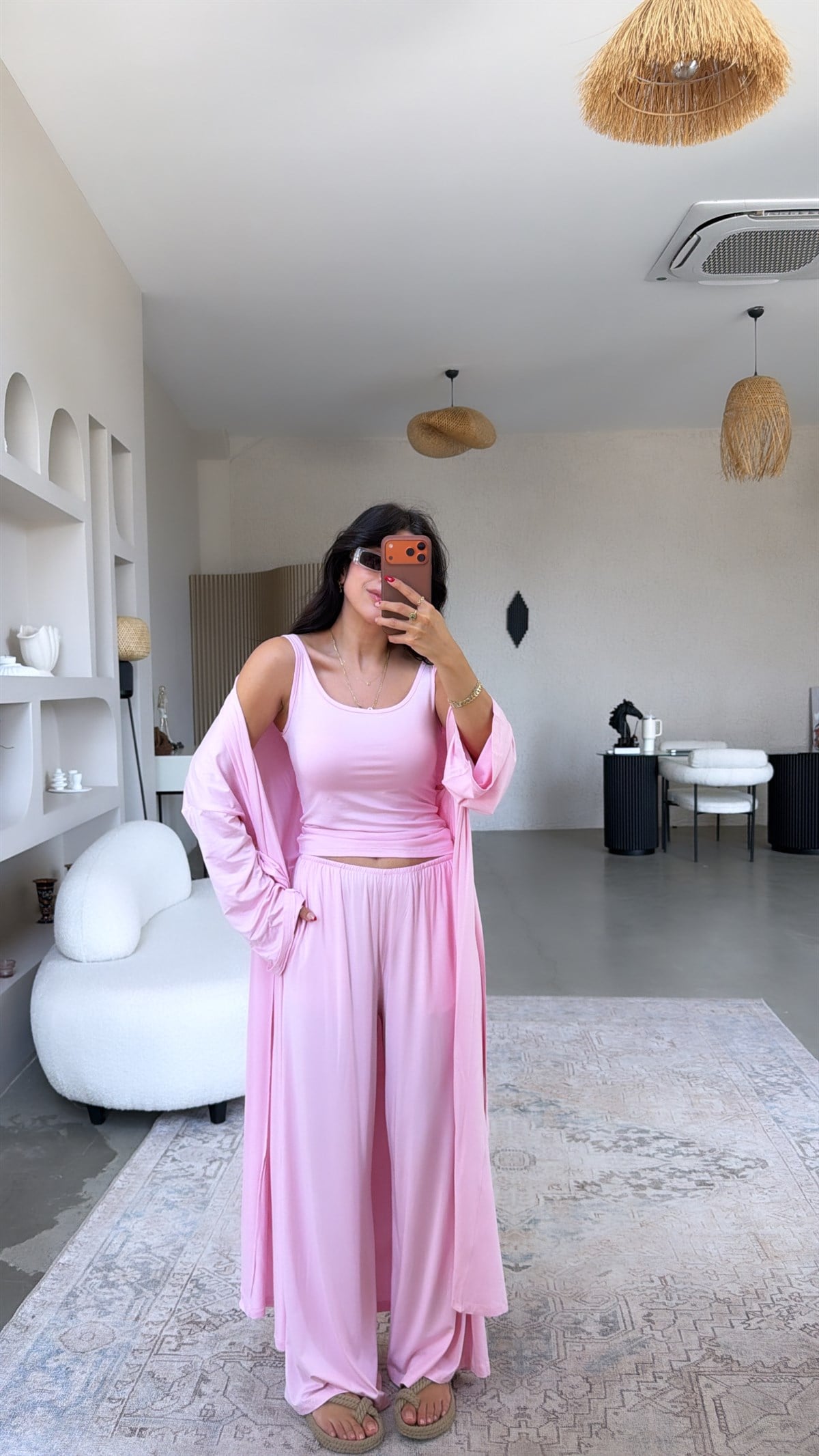 Pembe Viskon İnce Lastik Pantolon