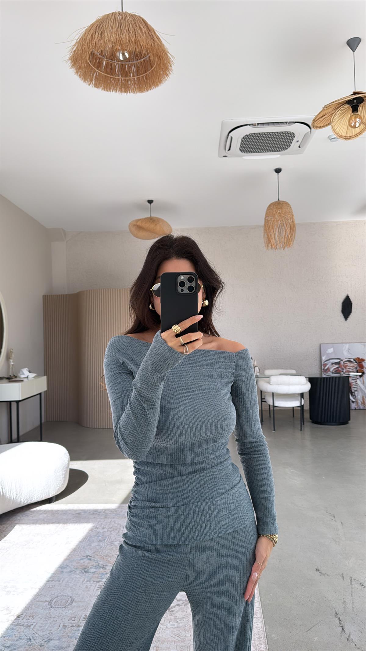 Petrol Drape Detay Kayık Yaka Bürümcük Takım