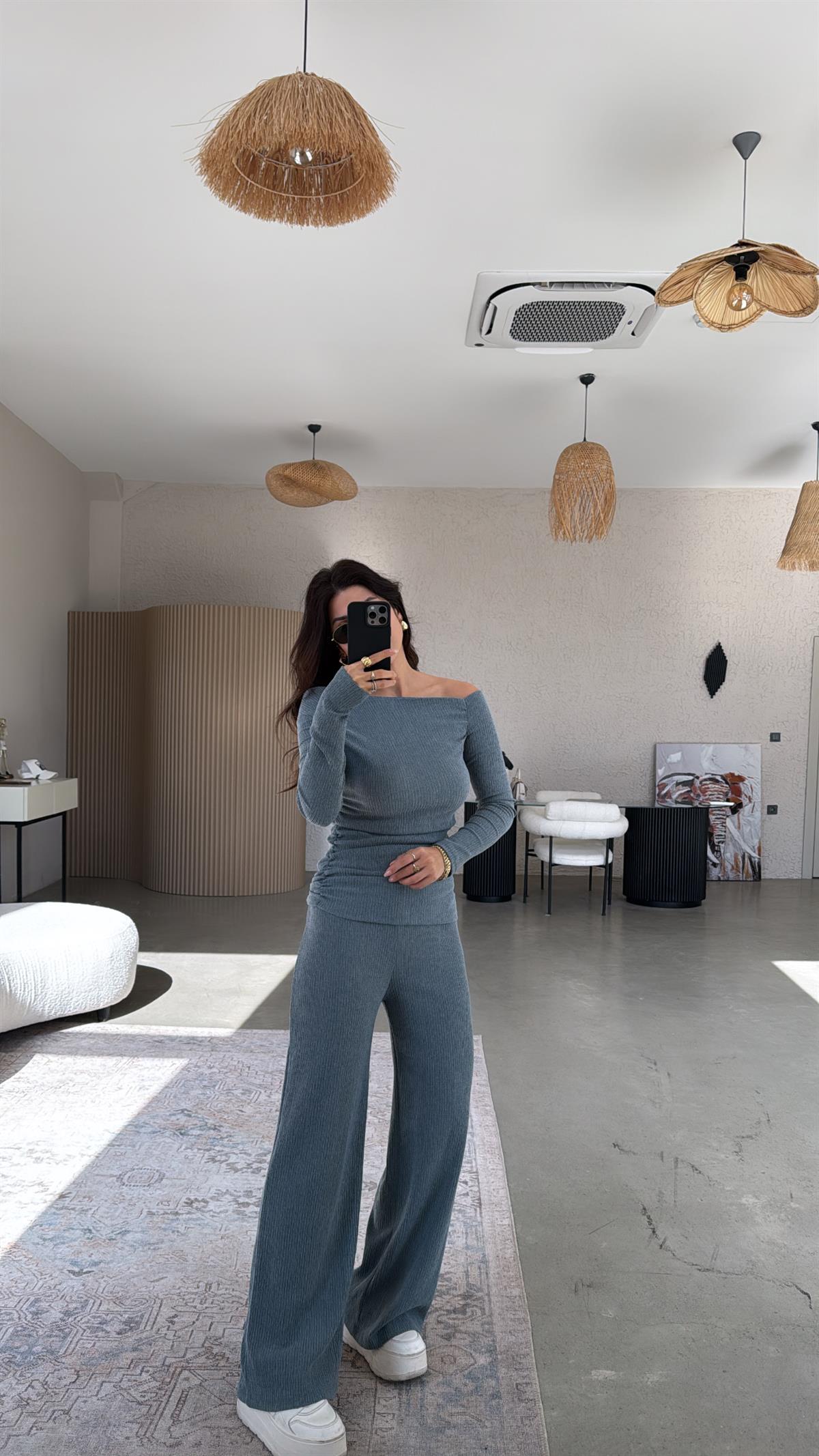 Petrol Drape Detay Kayık Yaka Bürümcük Takım