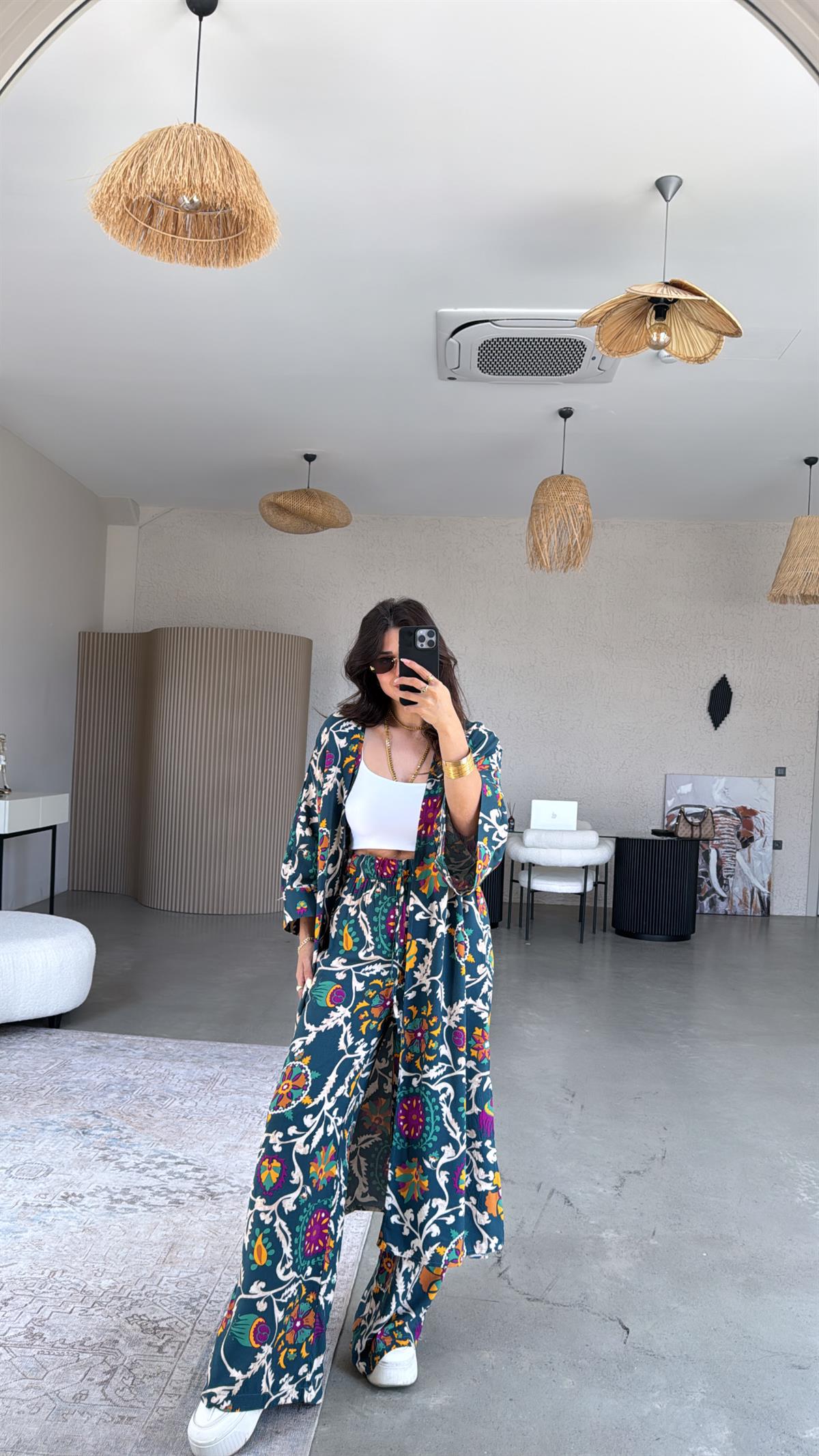 Petrol Juna Kimono Pantolon Takım