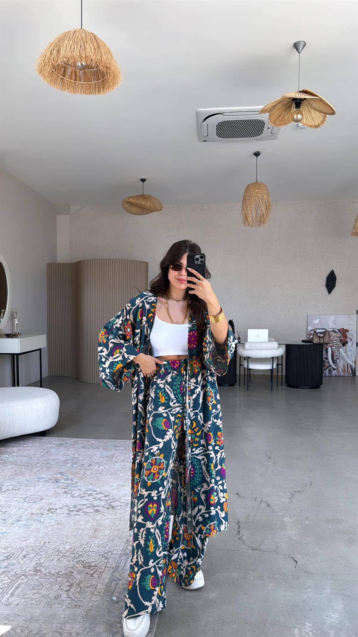 Petrol Juna Kimono Pantolon Takım