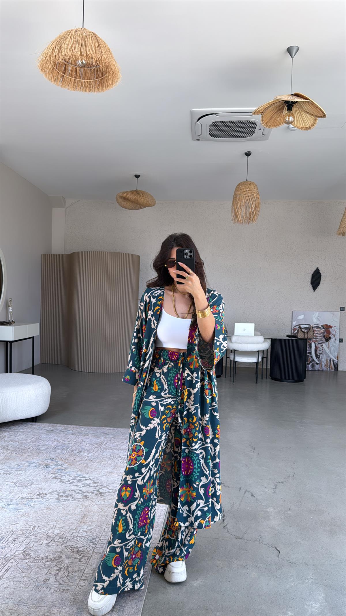 Petrol Juna Kimono Pantolon Takım