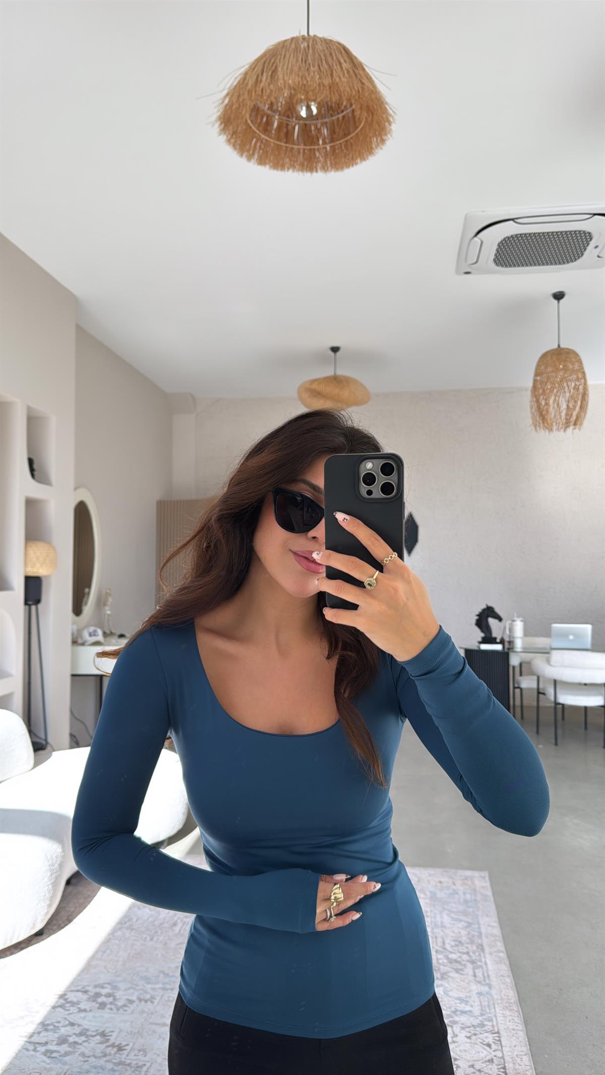 Petrol Kare Yaka Poliamid Bluz