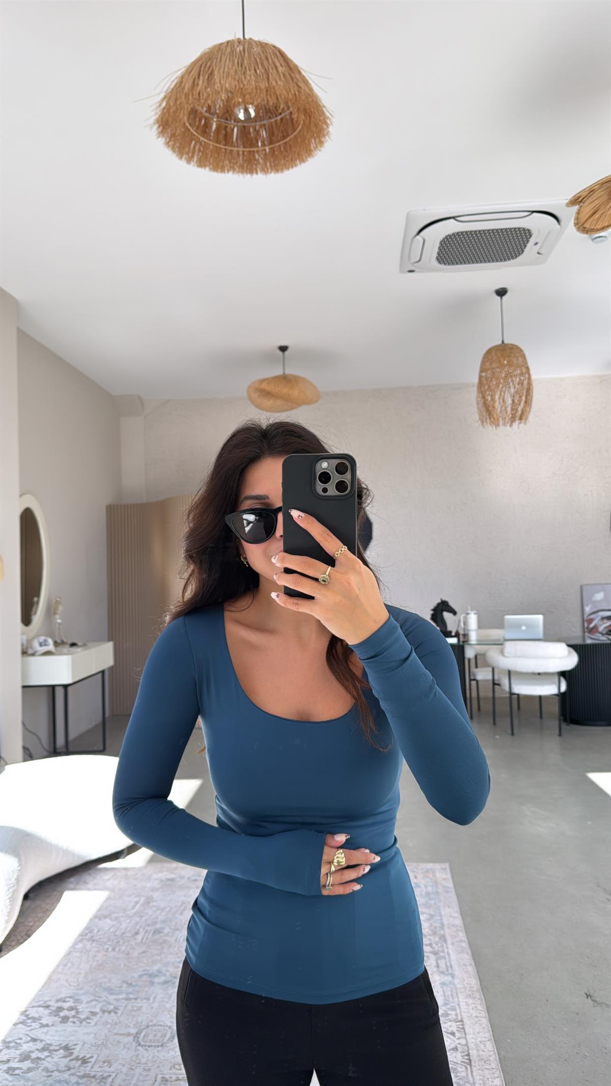 Petrol Kare Yaka Poliamid Bluz