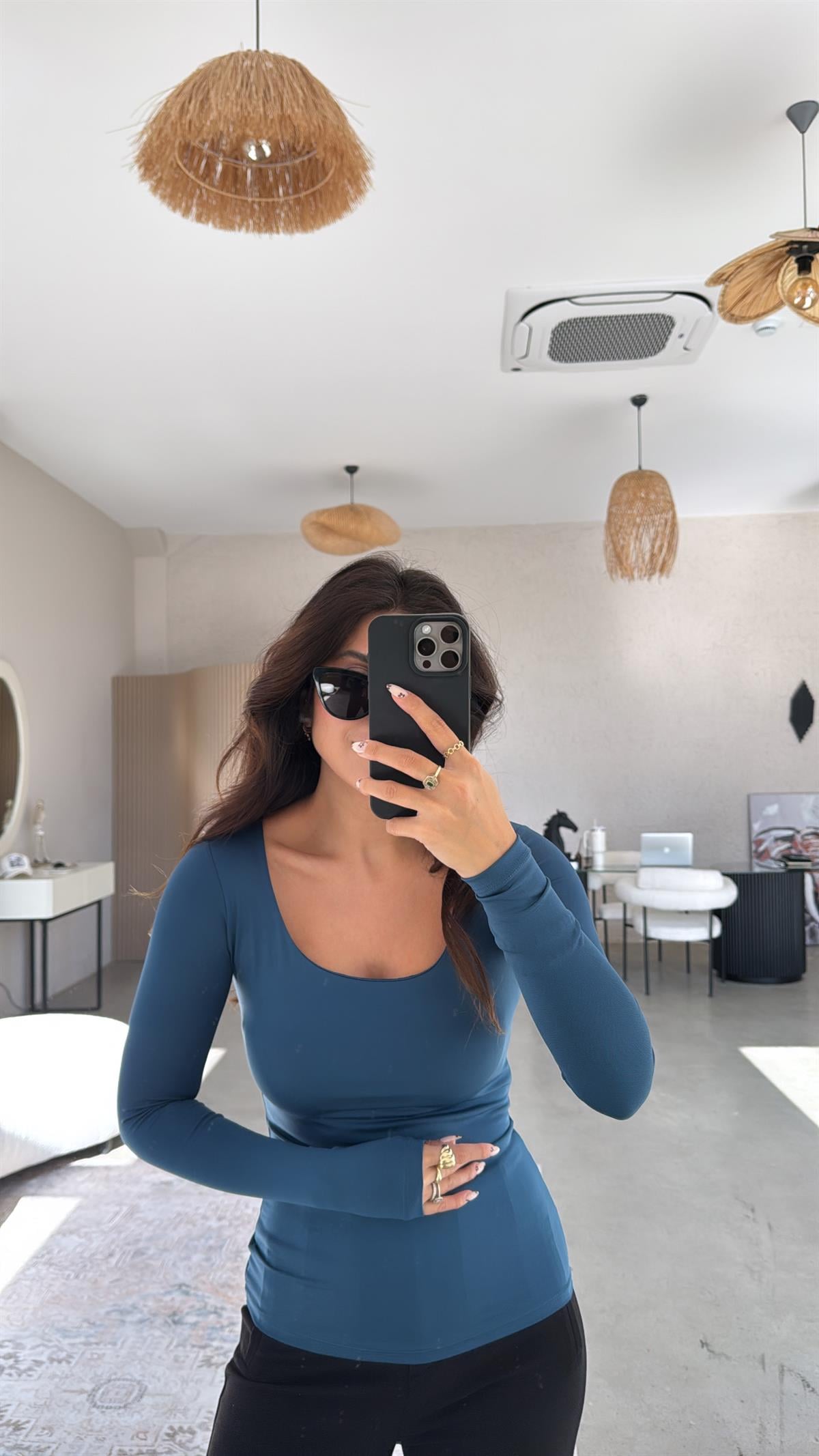 Petrol Kare Yaka Poliamid Bluz