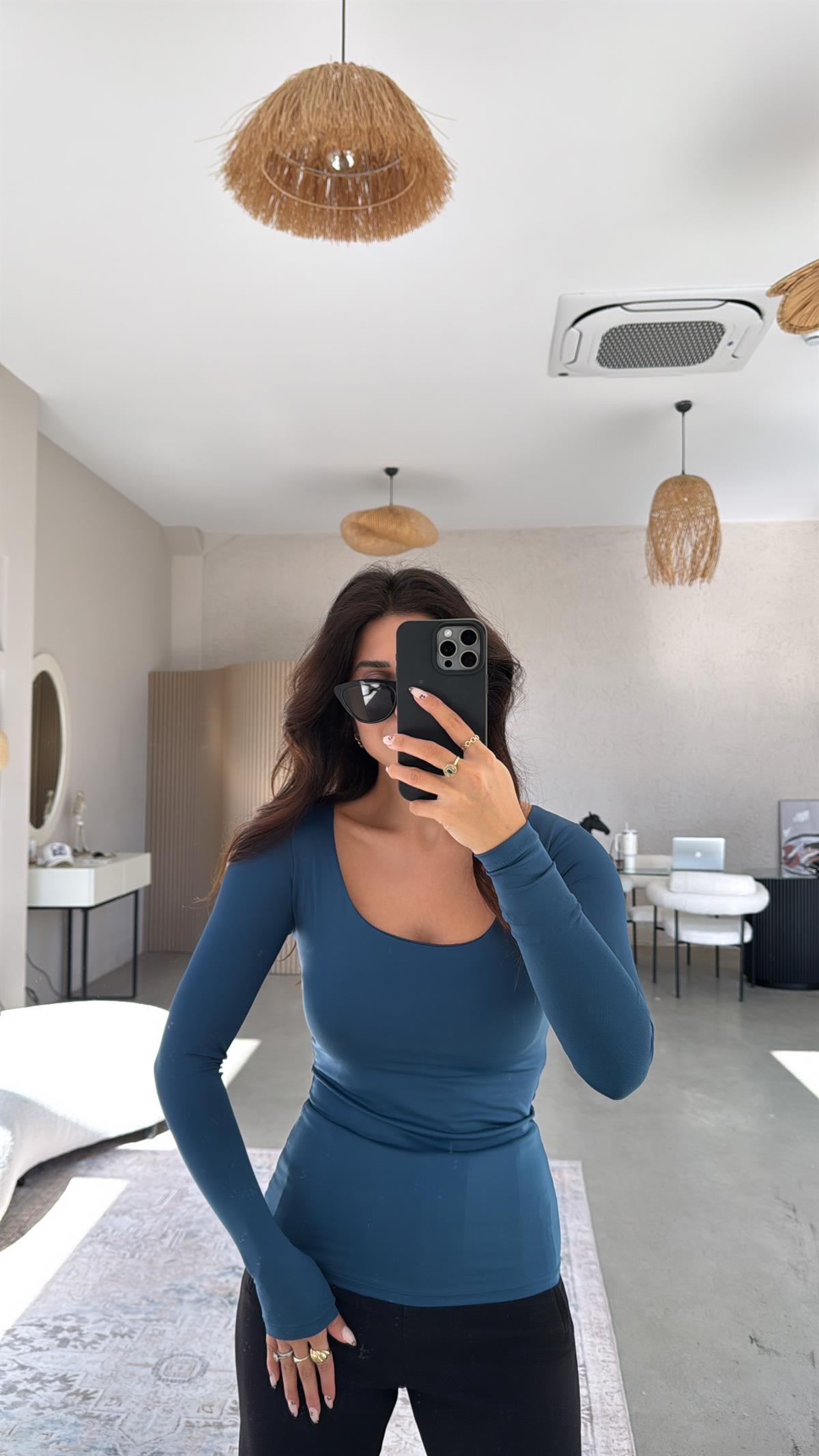 Petrol Kare Yaka Poliamid Bluz