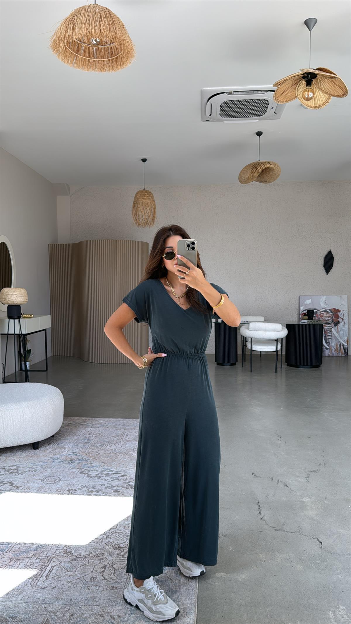 Petrol Yıkamalı V Yaka Tulum