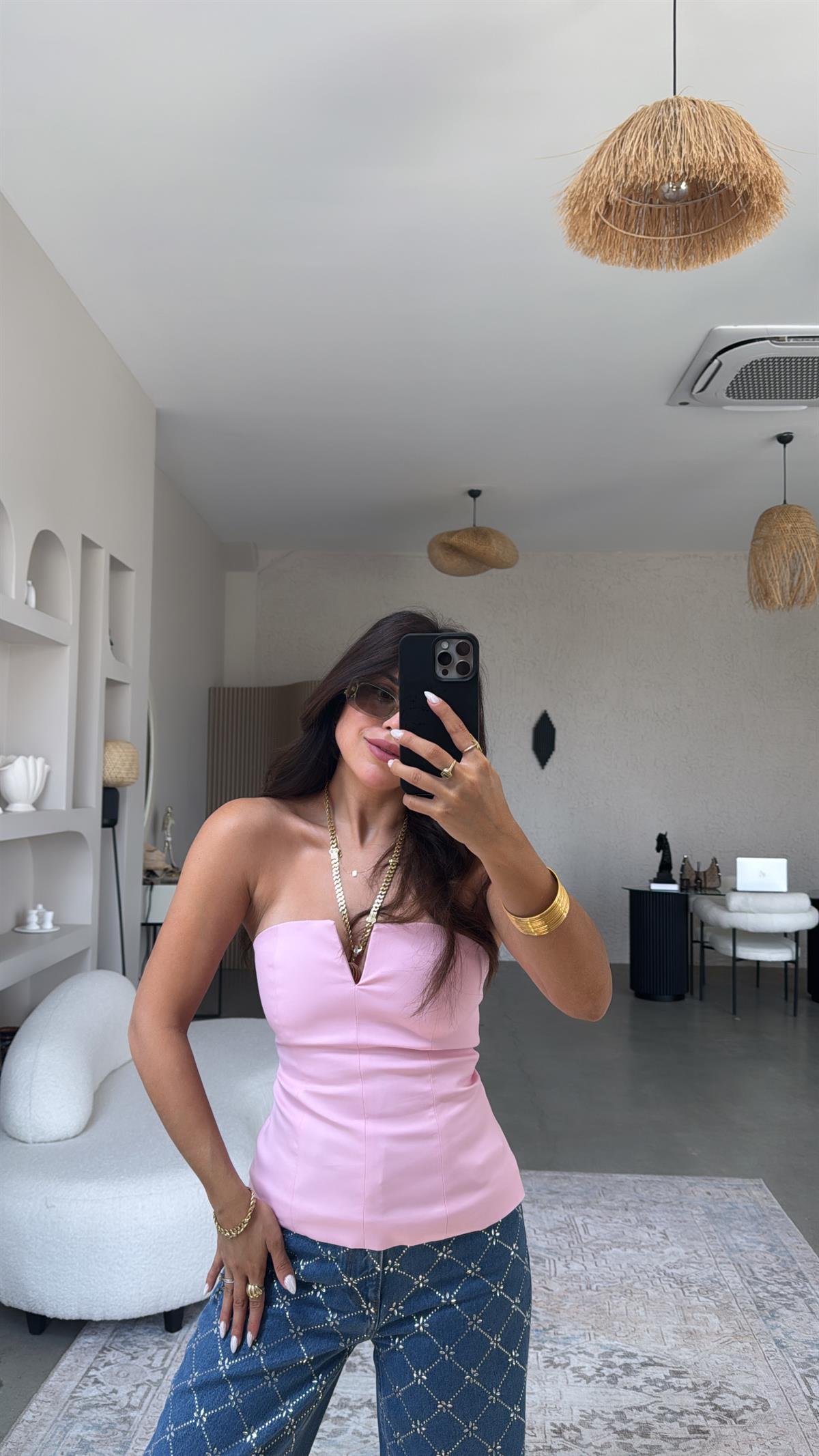 Premium Şeker Pembe Straplez Bluz