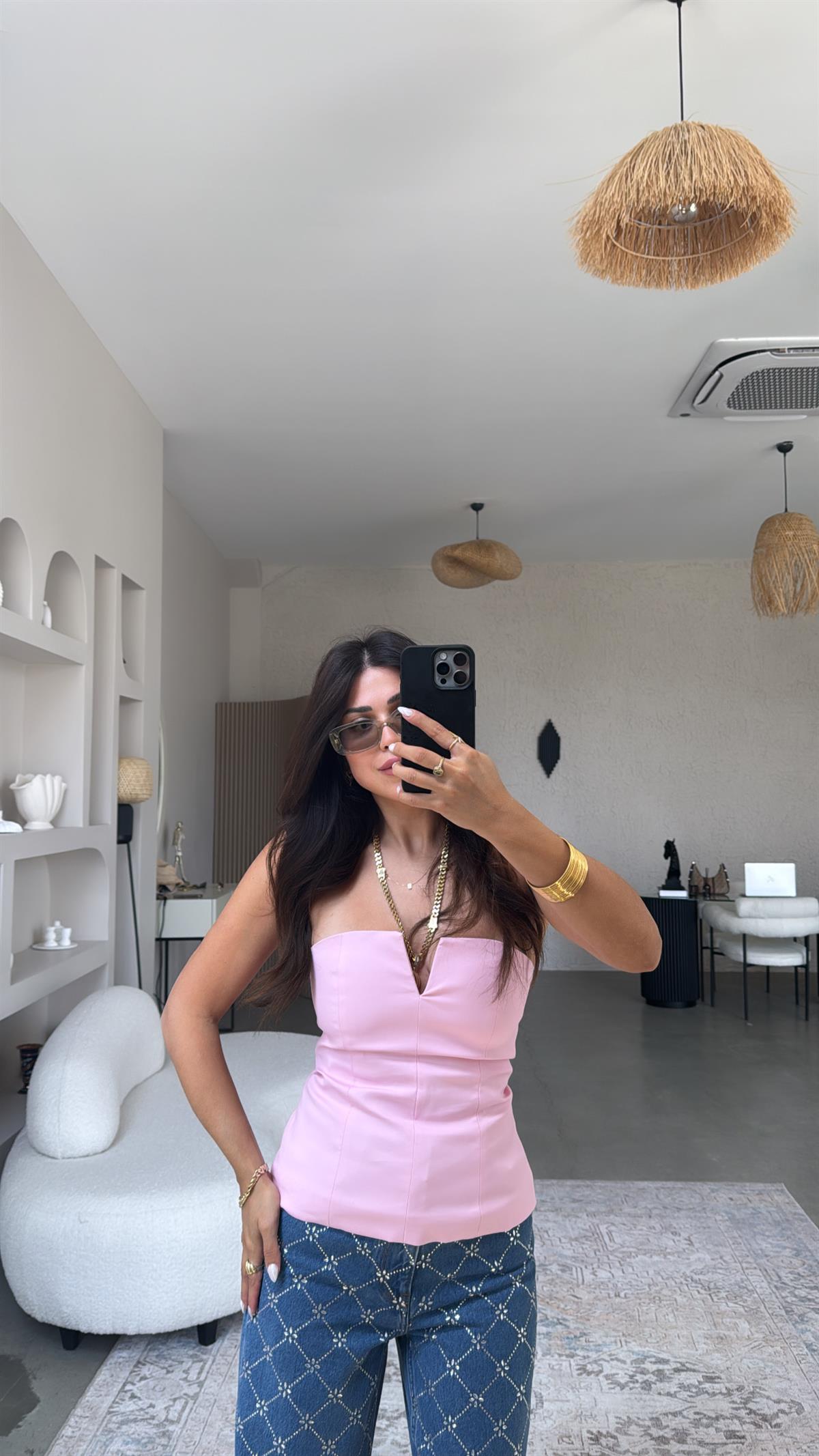 Premium Şeker Pembe Straplez Bluz