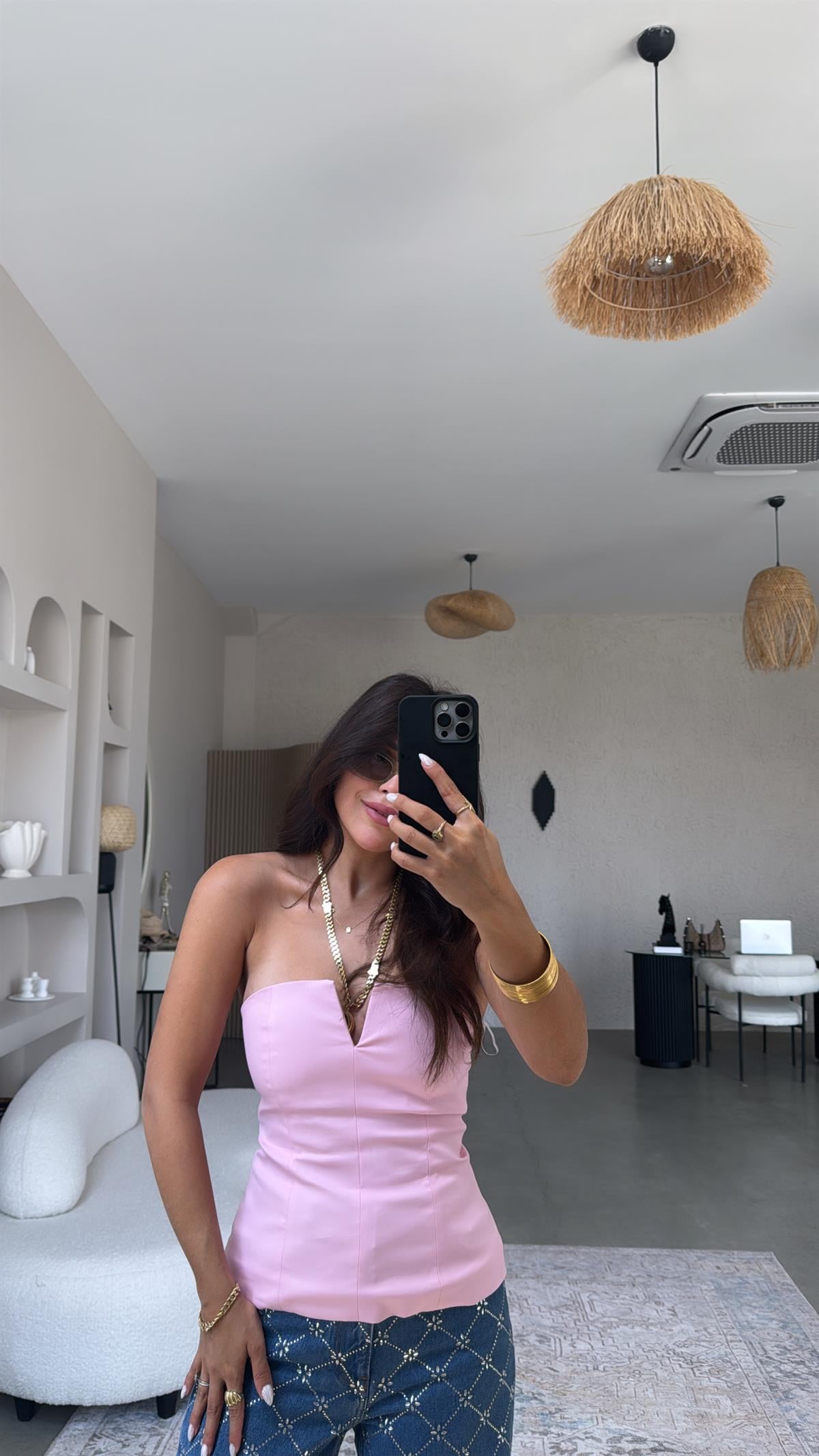 Premium Şeker Pembe Straplez Bluz