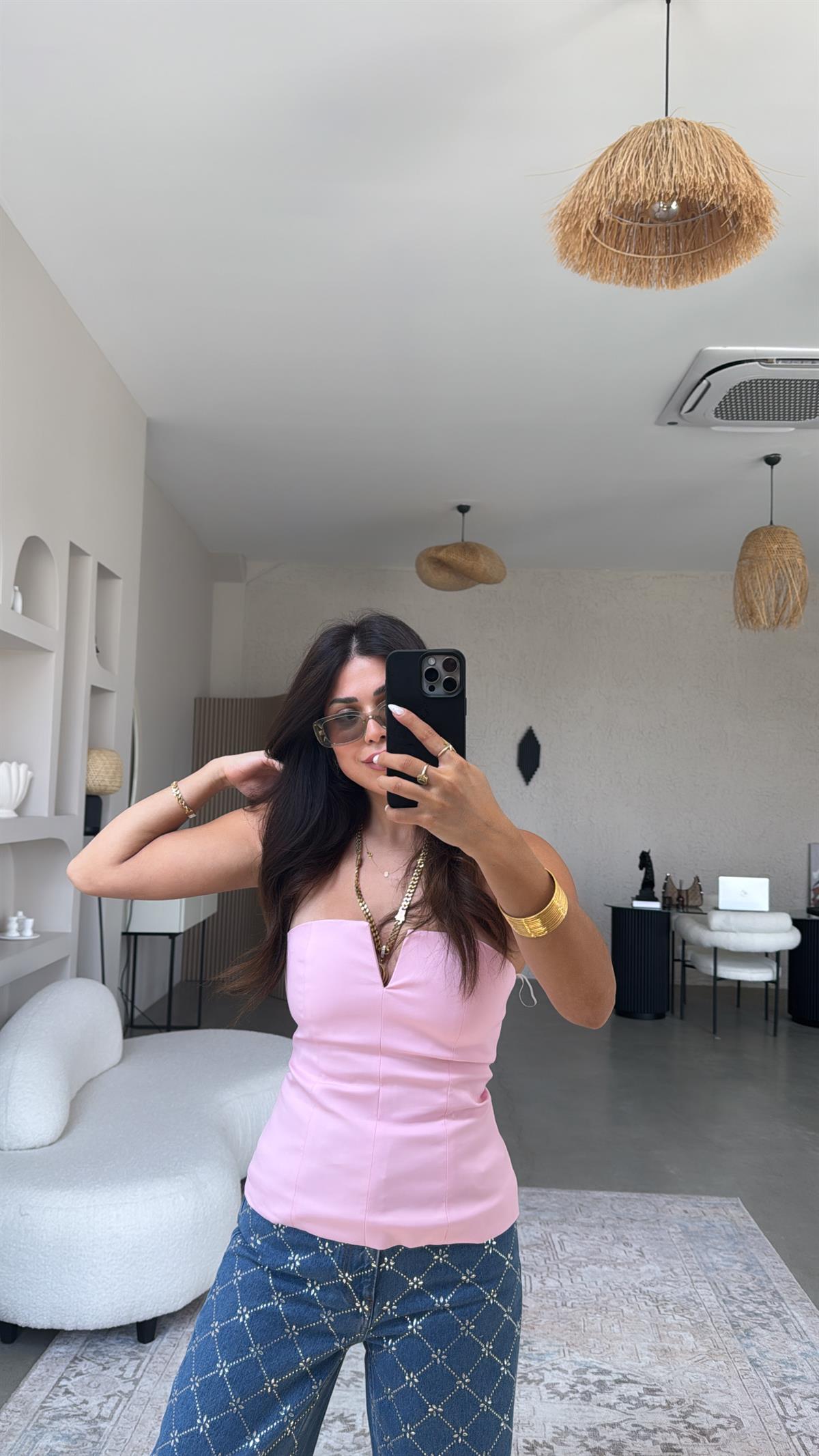 Premium Şeker Pembe Straplez Bluz