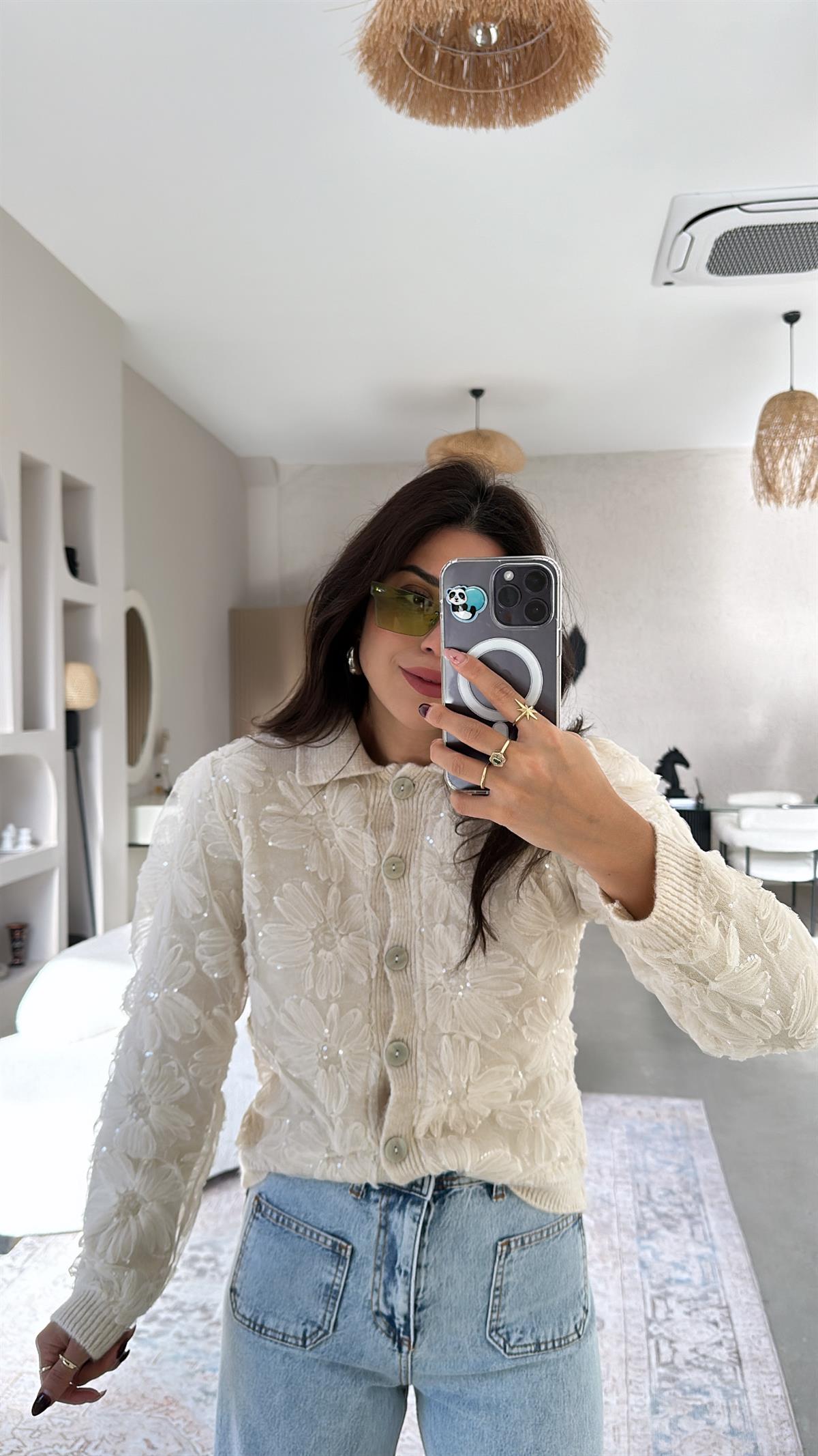 Premium Tül Payet İşlemeli Hırka