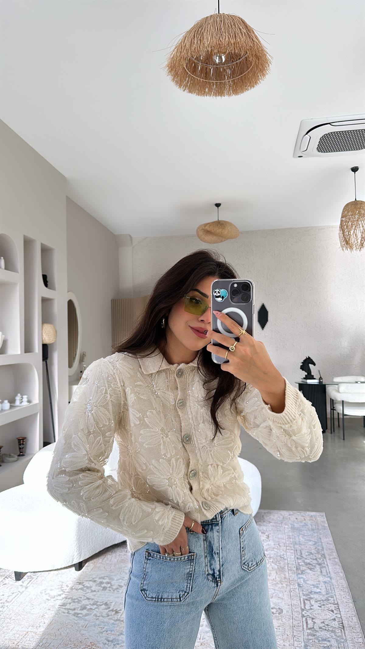 Premium Tül Payet İşlemeli Hırka