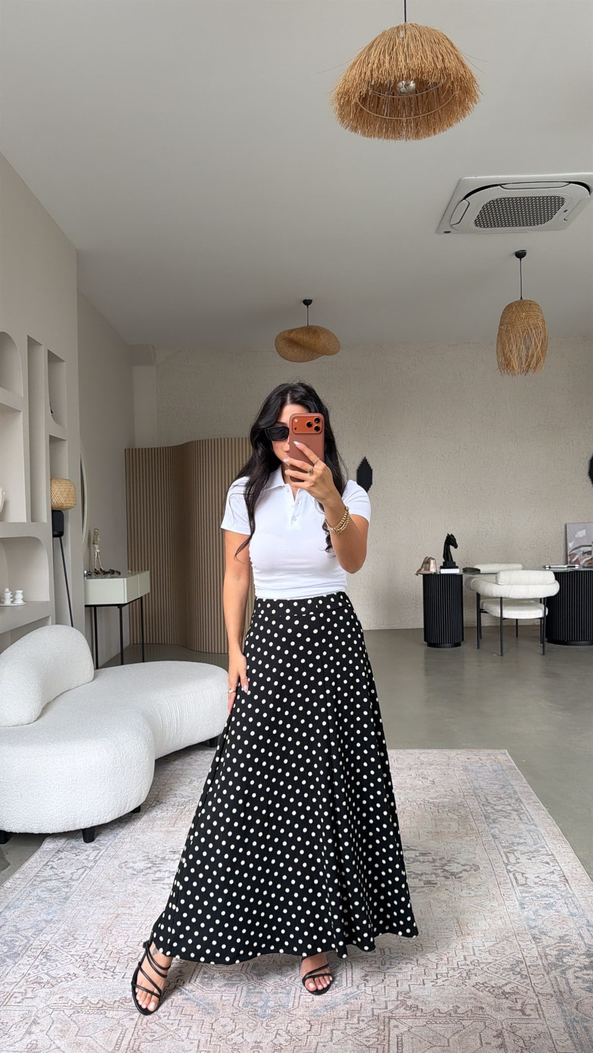 Puantiyeli Krep Maxi Etek