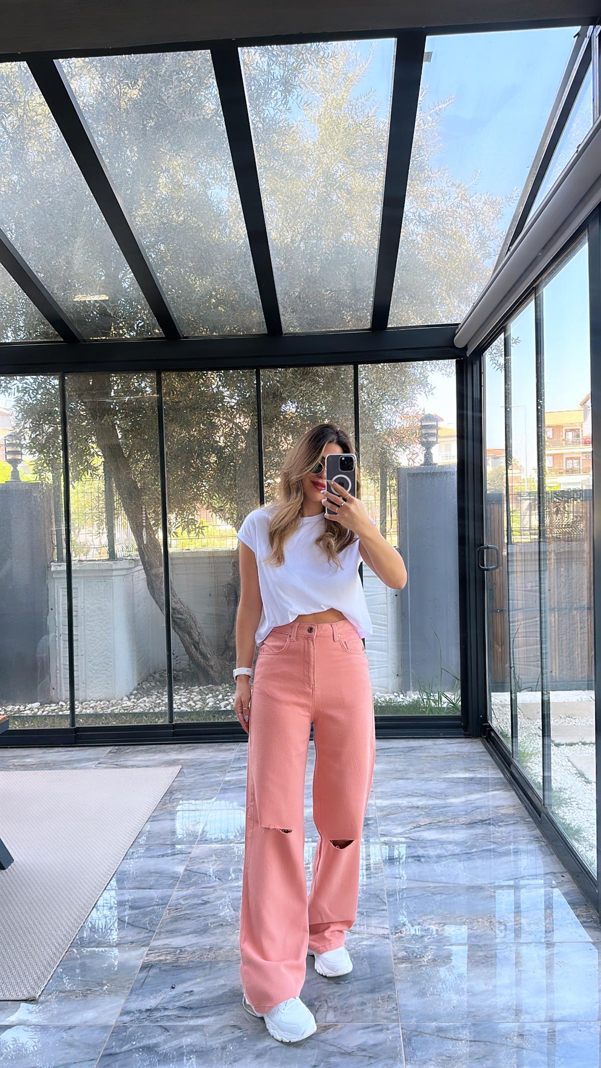 Pudra Dizi Kesik Pamuklu Pantolon