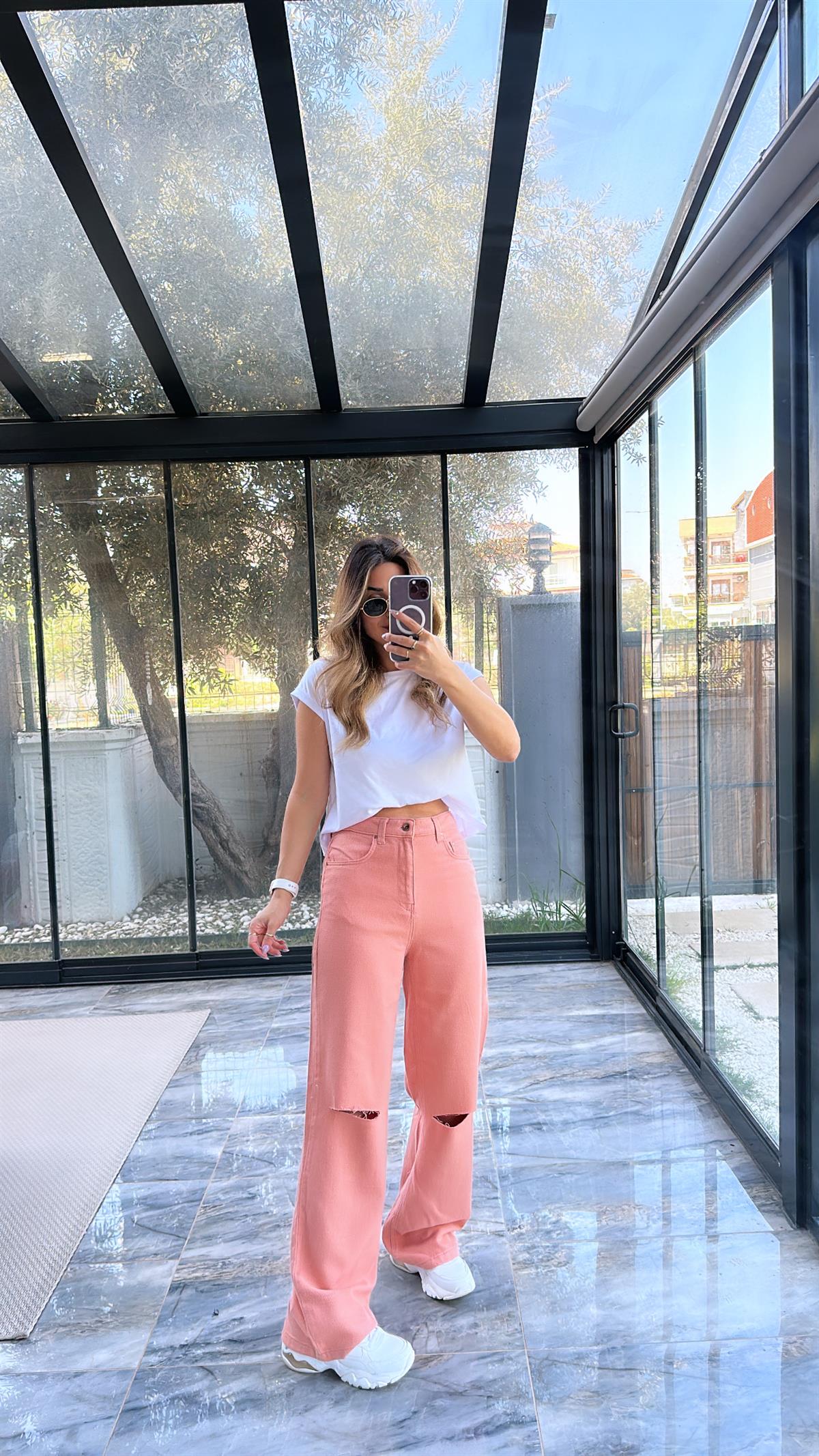 Pudra Dizi Kesik Pamuklu Pantolon