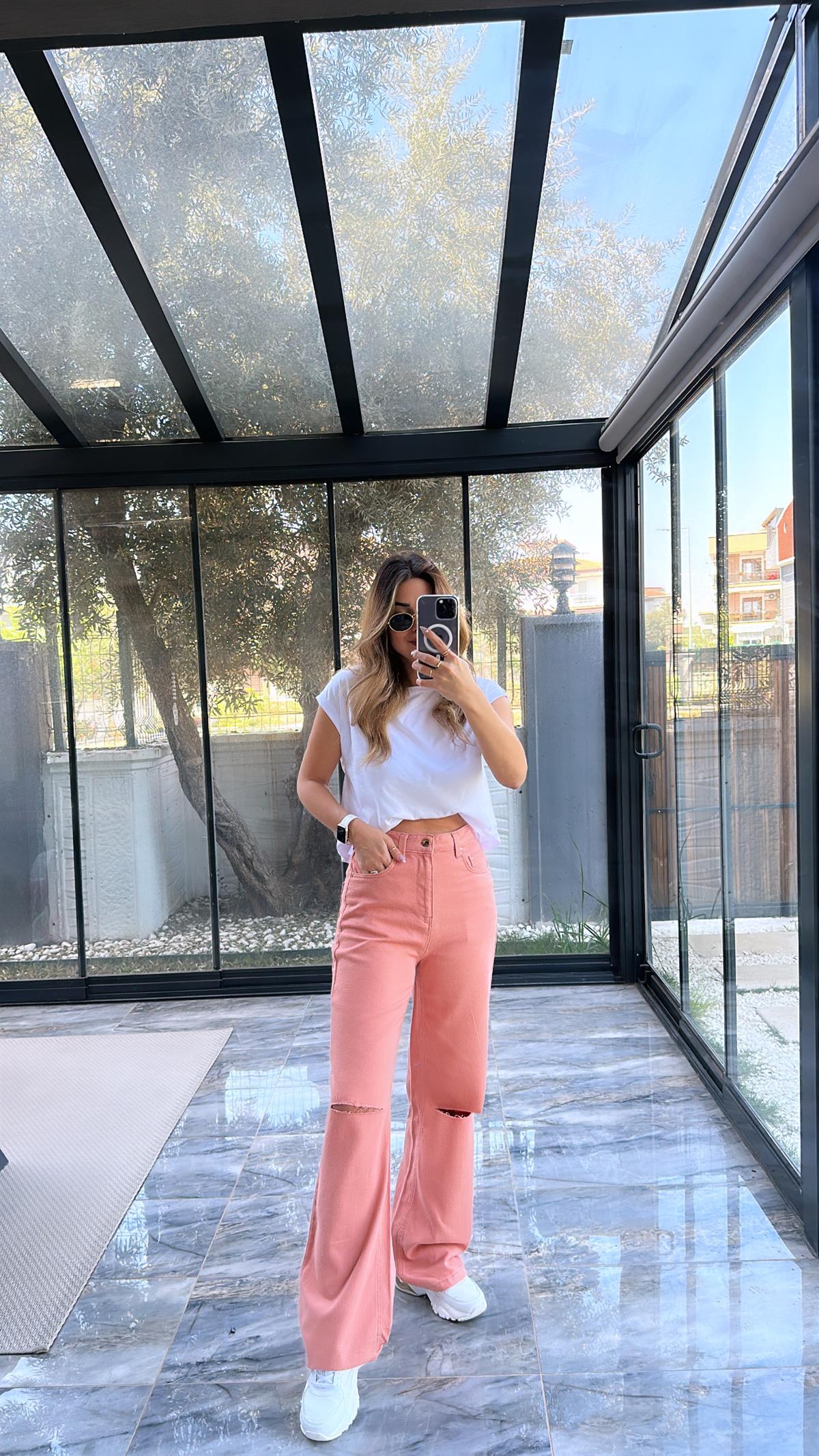 Pudra Dizi Kesik Pamuklu Pantolon