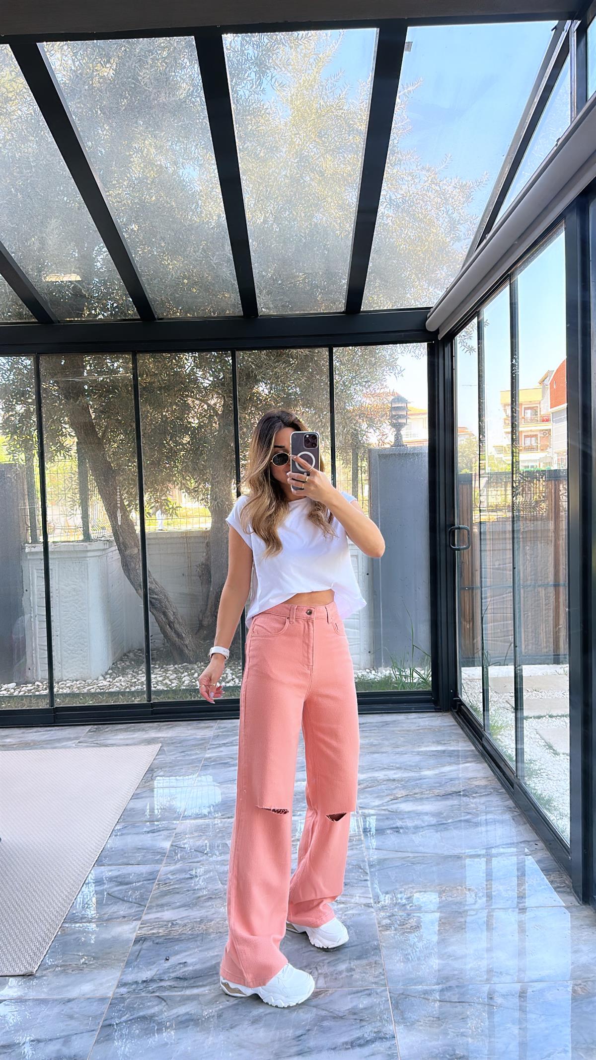 Pudra Dizi Kesik Pamuklu Pantolon