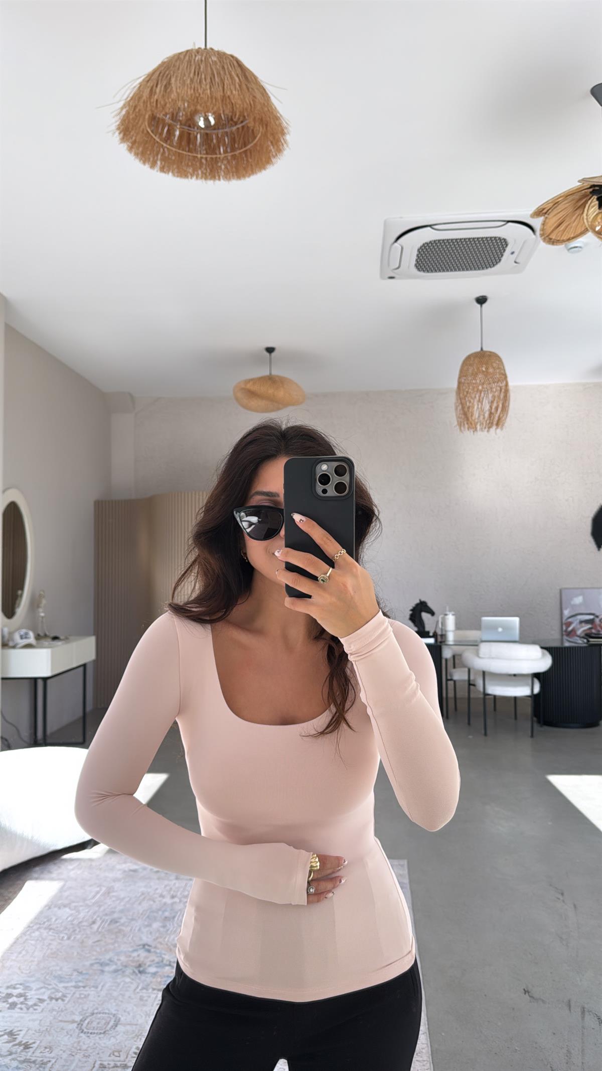 Pudra Kare Yaka Poliamid Bluz