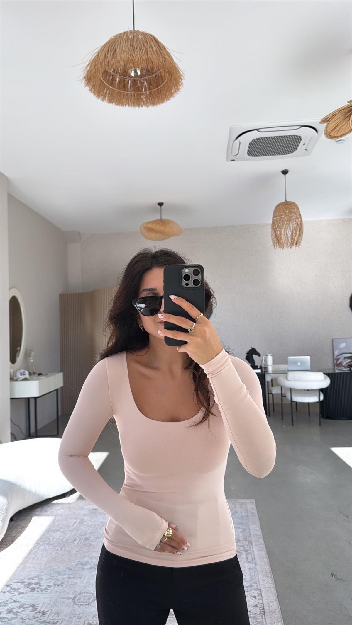 Pudra Kare Yaka Poliamid Bluz