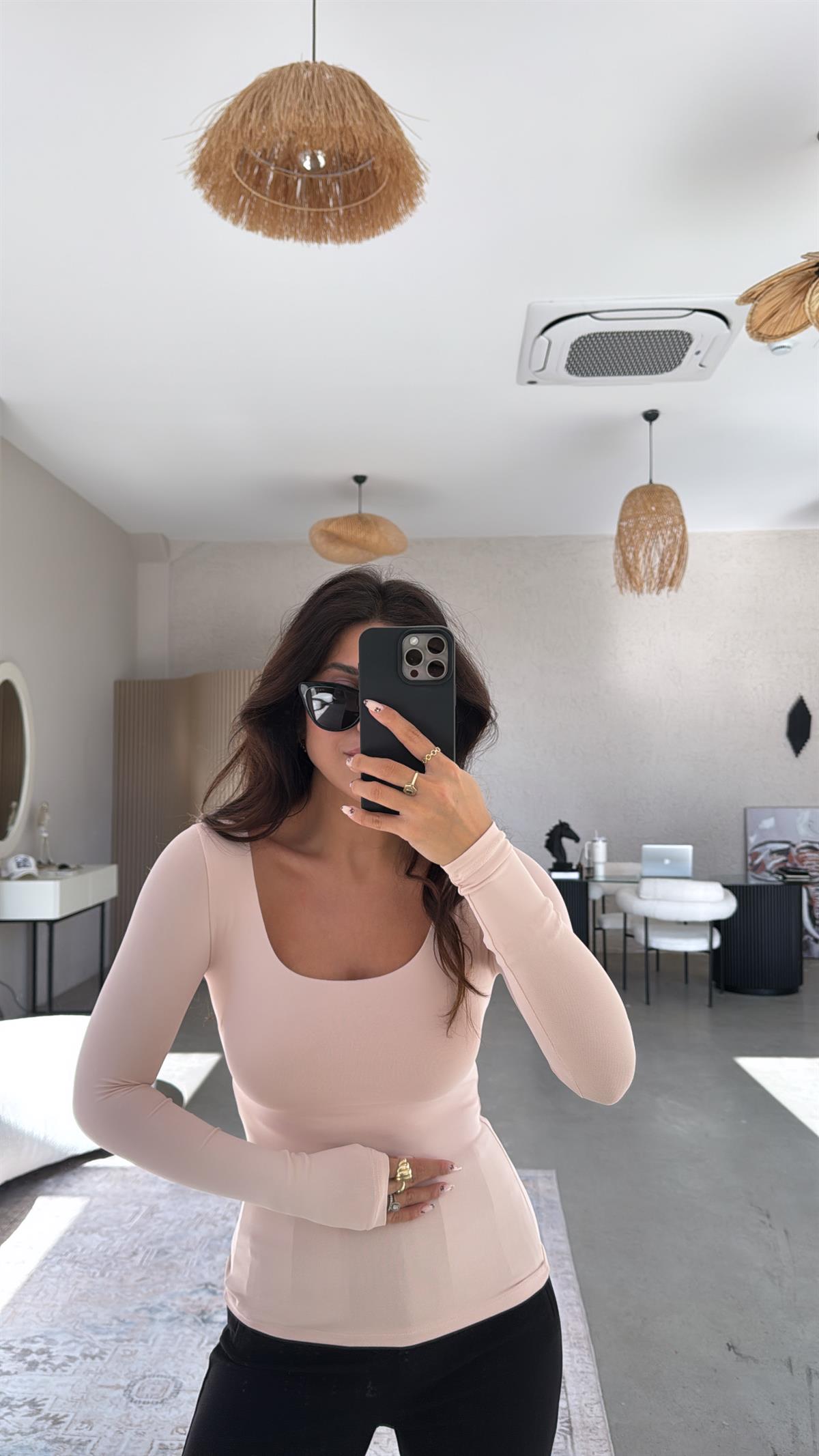 Pudra Kare Yaka Poliamid Bluz