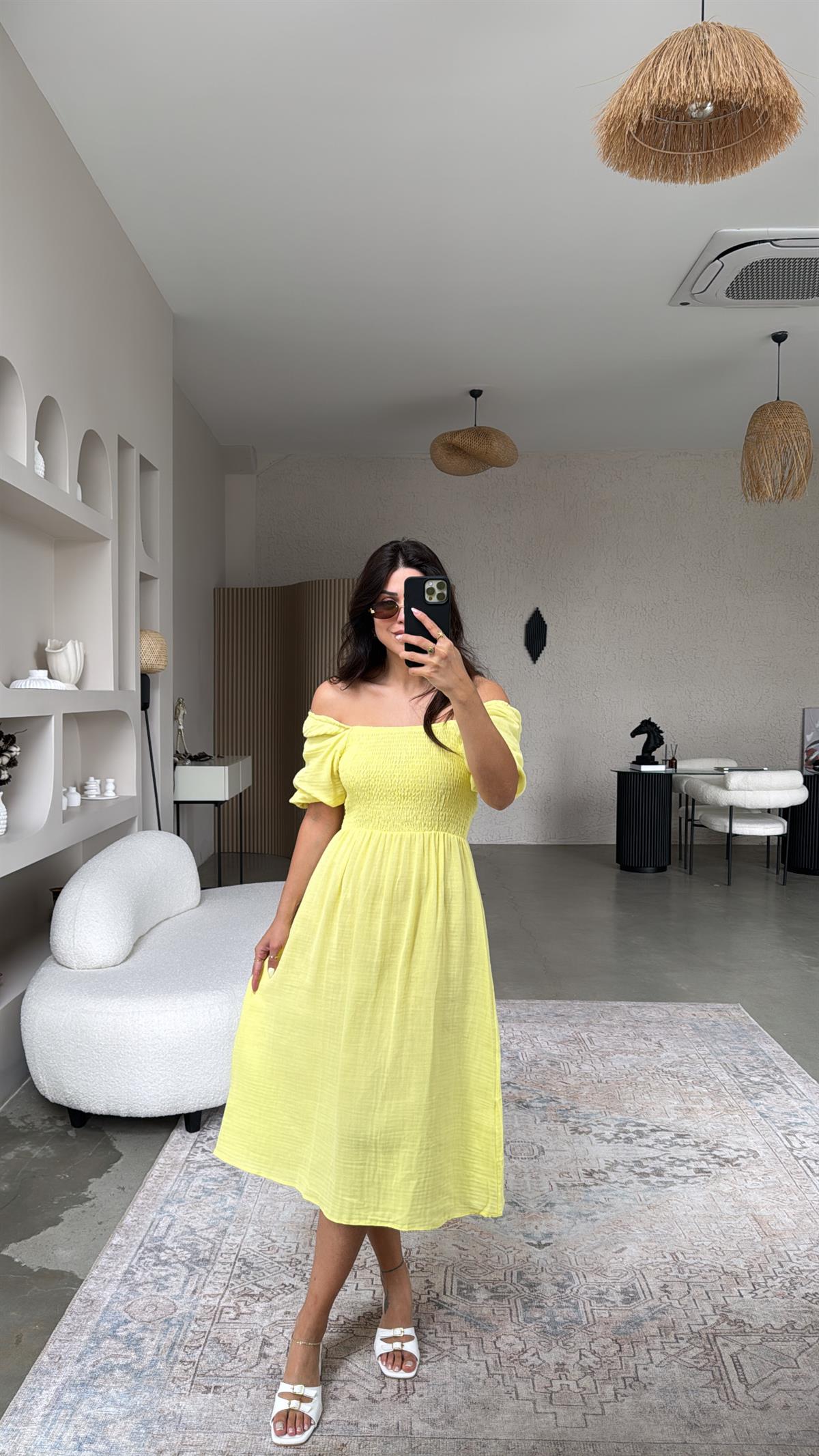Romantik Limon Sarı Müslin Elbise