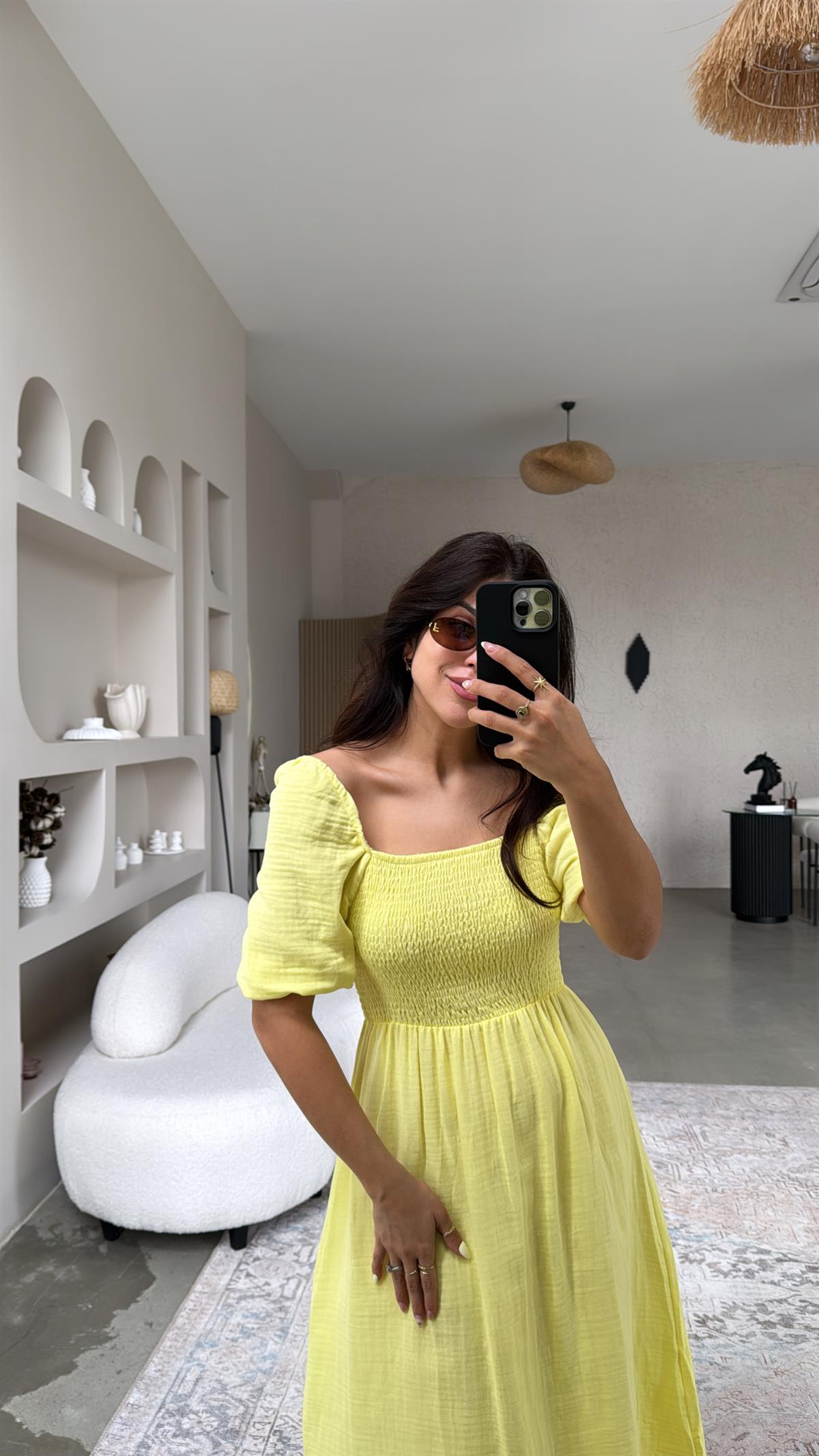 Romantik Limon Sarı Müslin Elbise