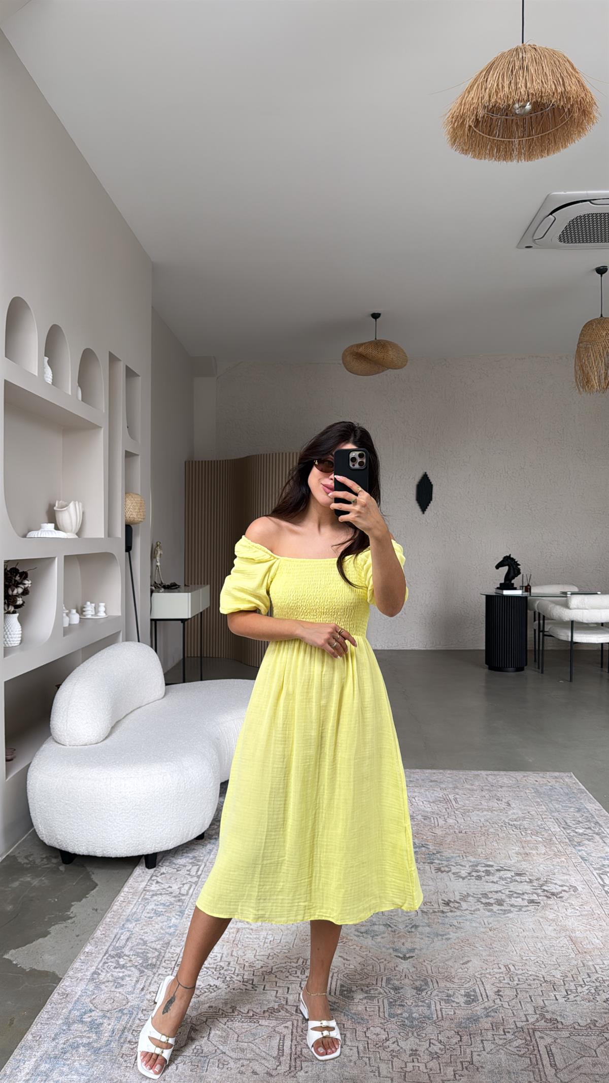 Romantik Limon Sarı Müslin Elbise