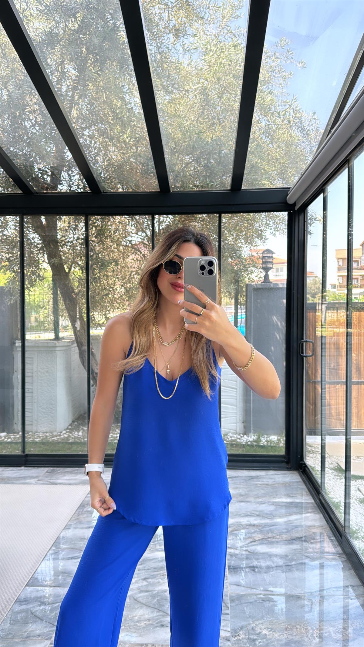 Saks Mavi Askılı Tiril Takım