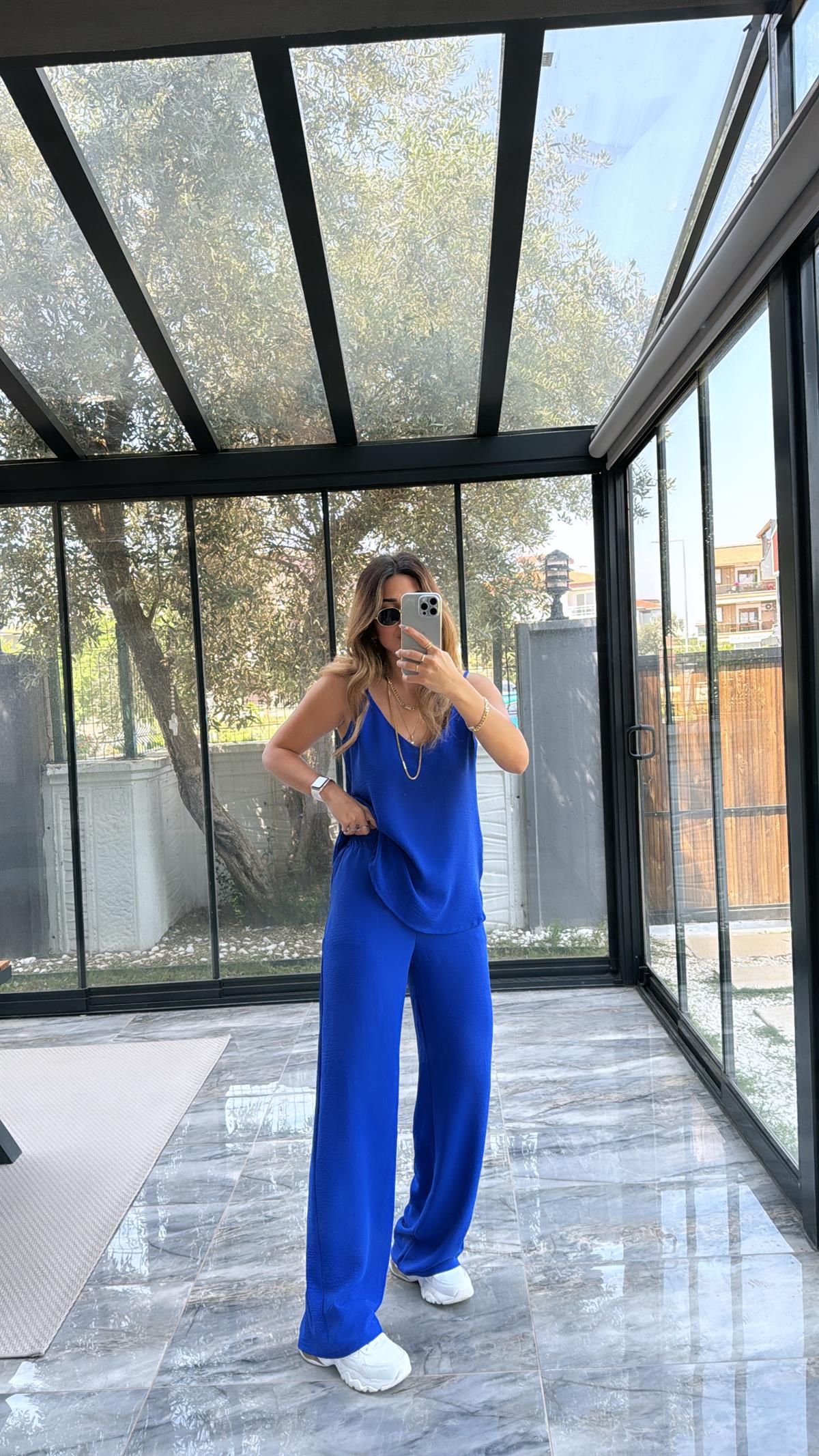 Saks Mavi Askılı Tiril Takım