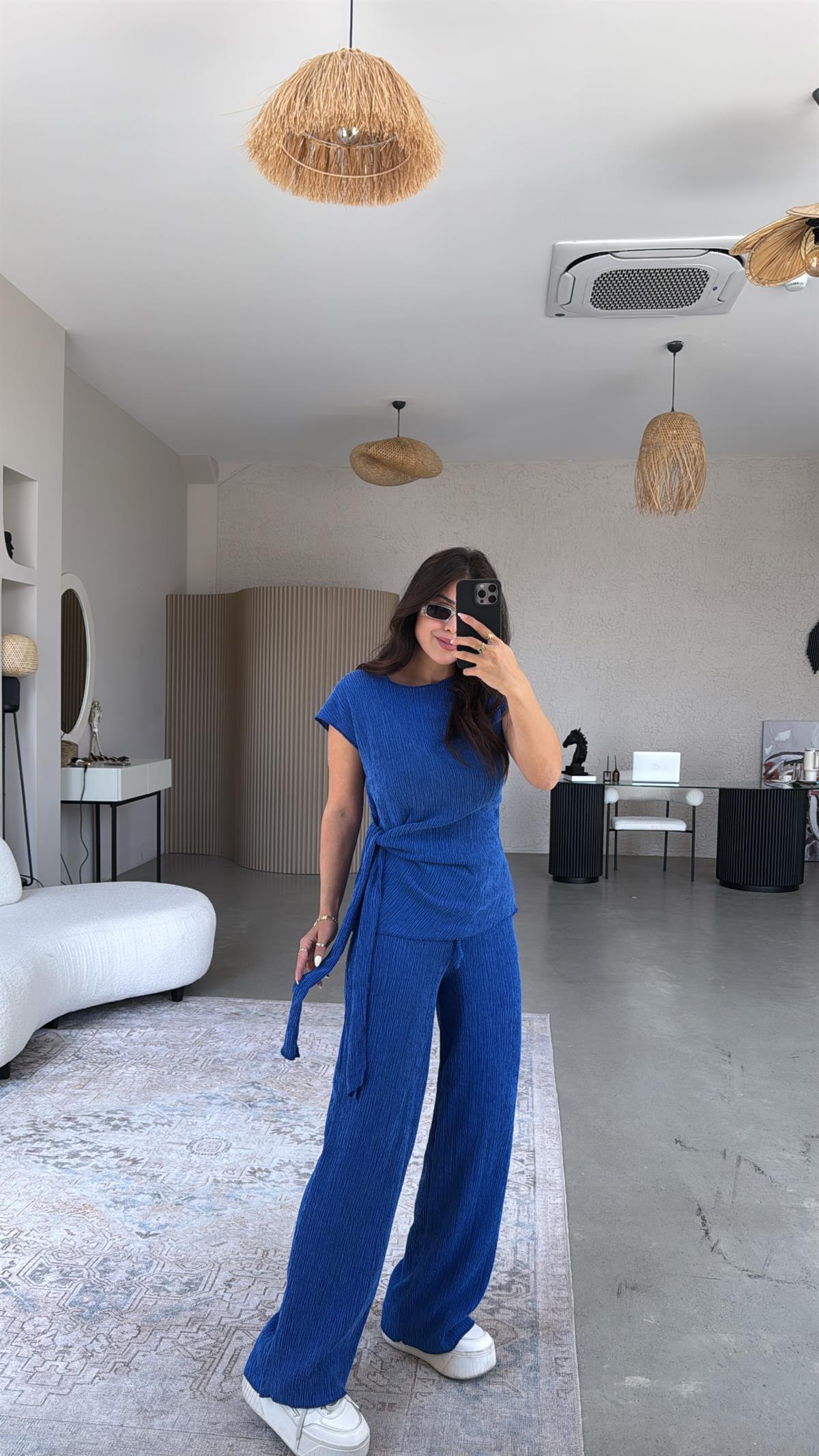 Saks Mavi Bağlamalı Bürümcük Takım 