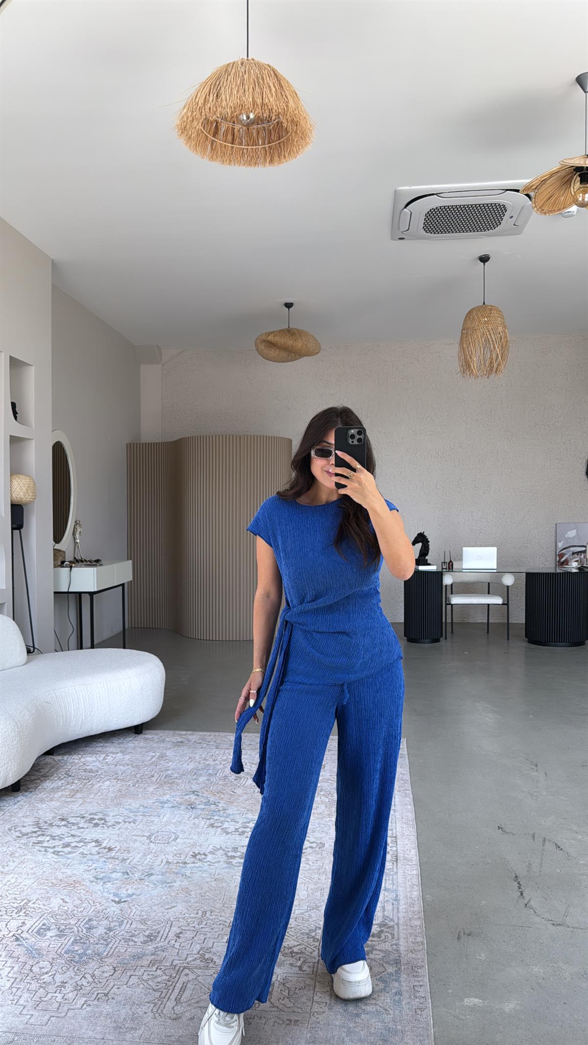 Saks Mavi Bağlamalı Bürümcük Takım 