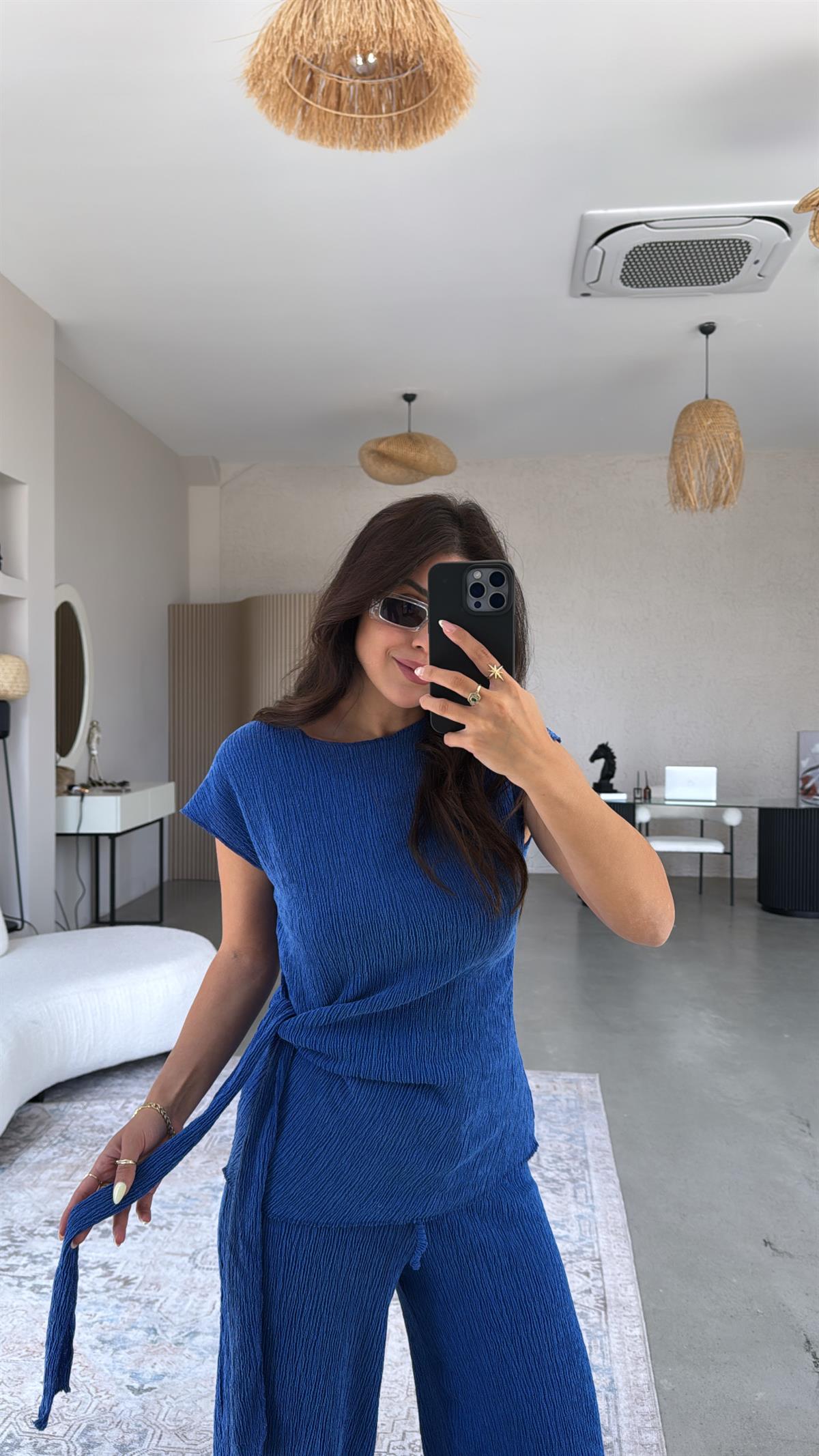 Saks Mavi Bağlamalı Bürümcük Takım 