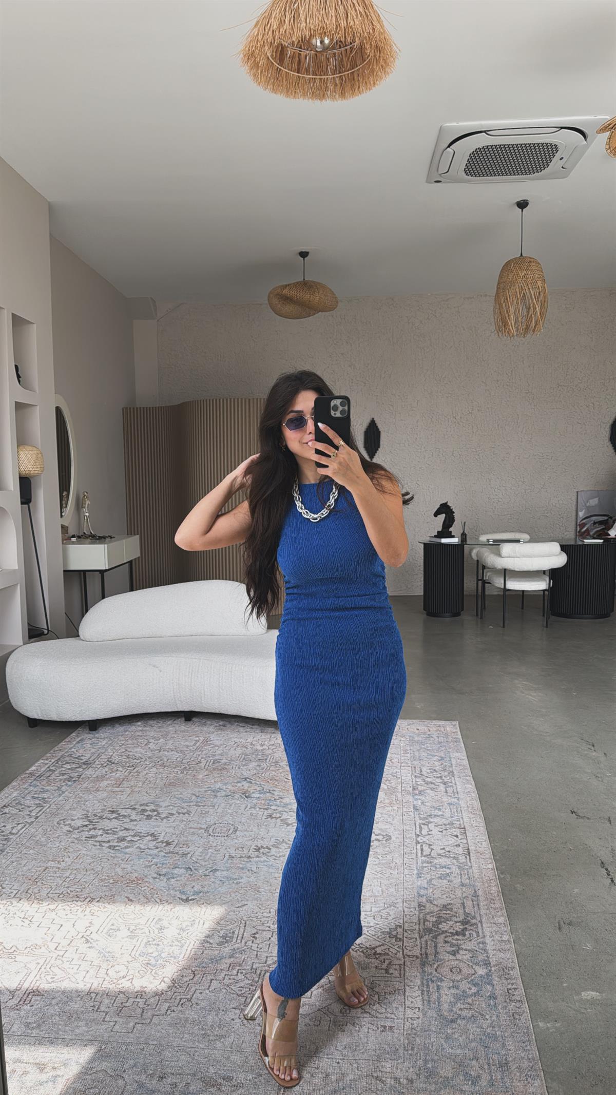 Saks Mavi Bürümcük ZR Model Büzgü Detay Elbise
