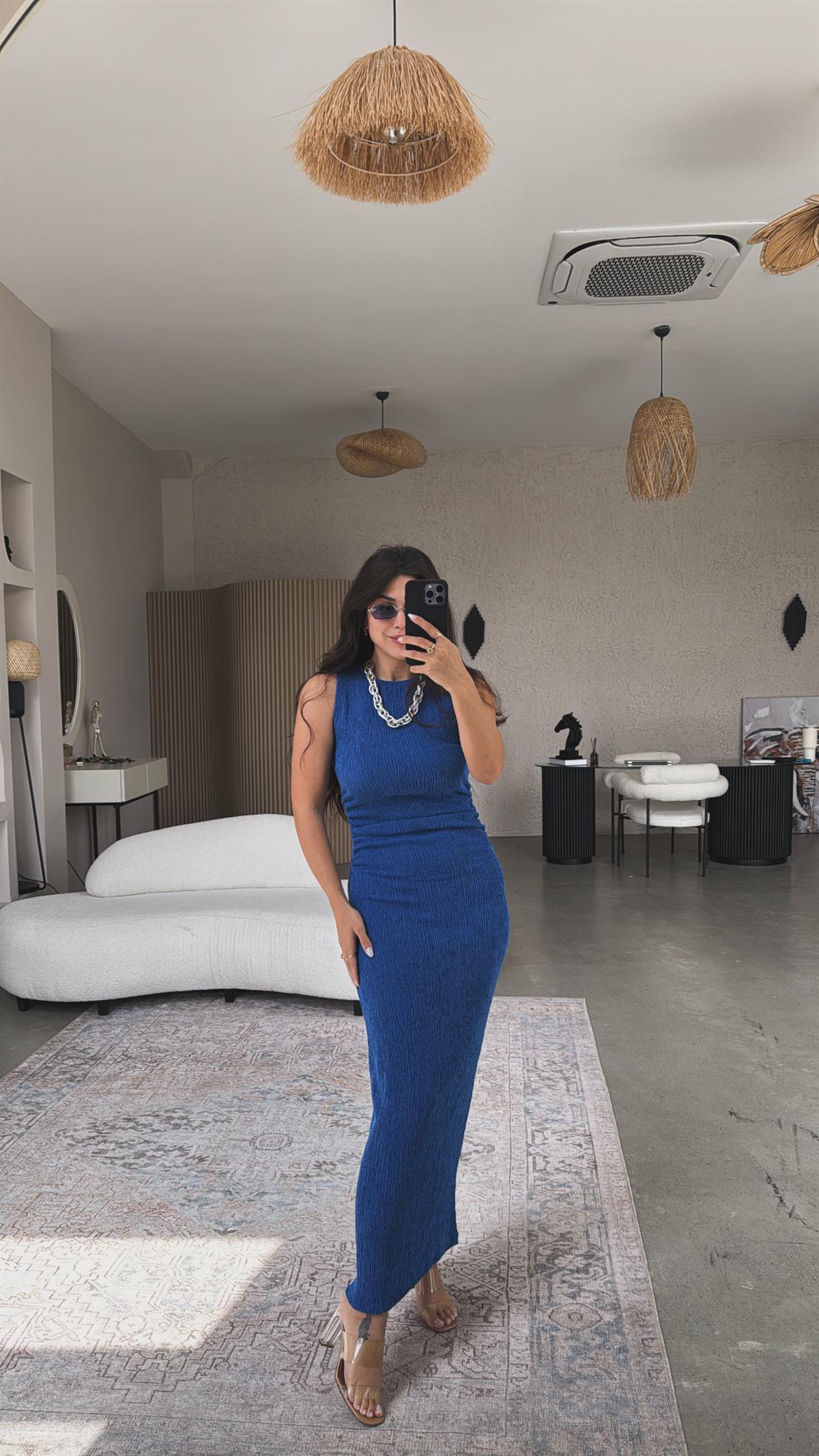 Saks Mavi Bürümcük ZR Model Büzgü Detay Elbise