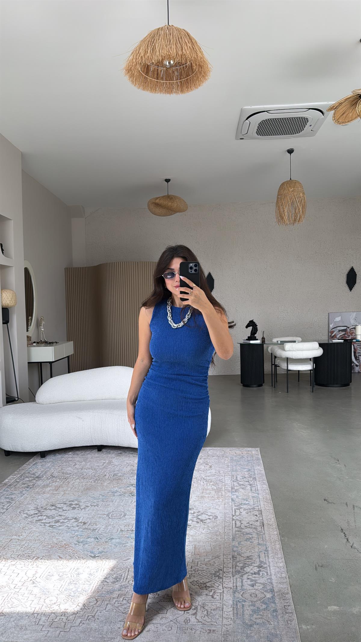 Saks Mavi Bürümcük ZR Model Büzgü Detay Elbise