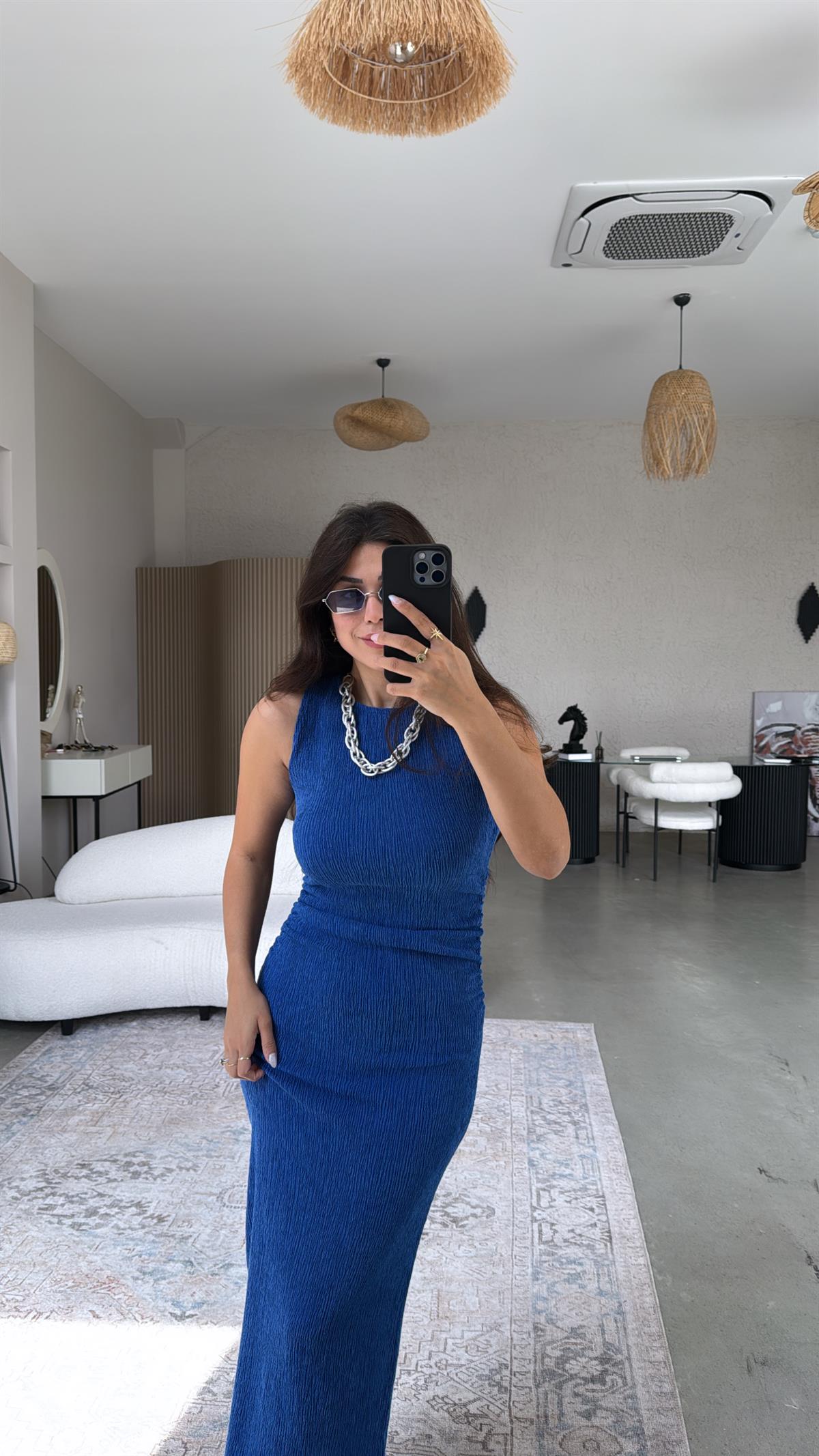 Saks Mavi Bürümcük ZR Model Büzgü Detay Elbise