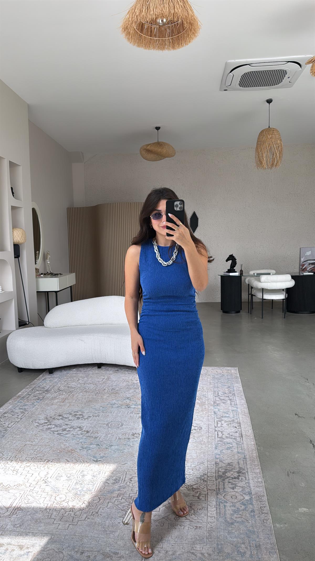 Saks Mavi Bürümcük ZR Model Büzgü Detay Elbise