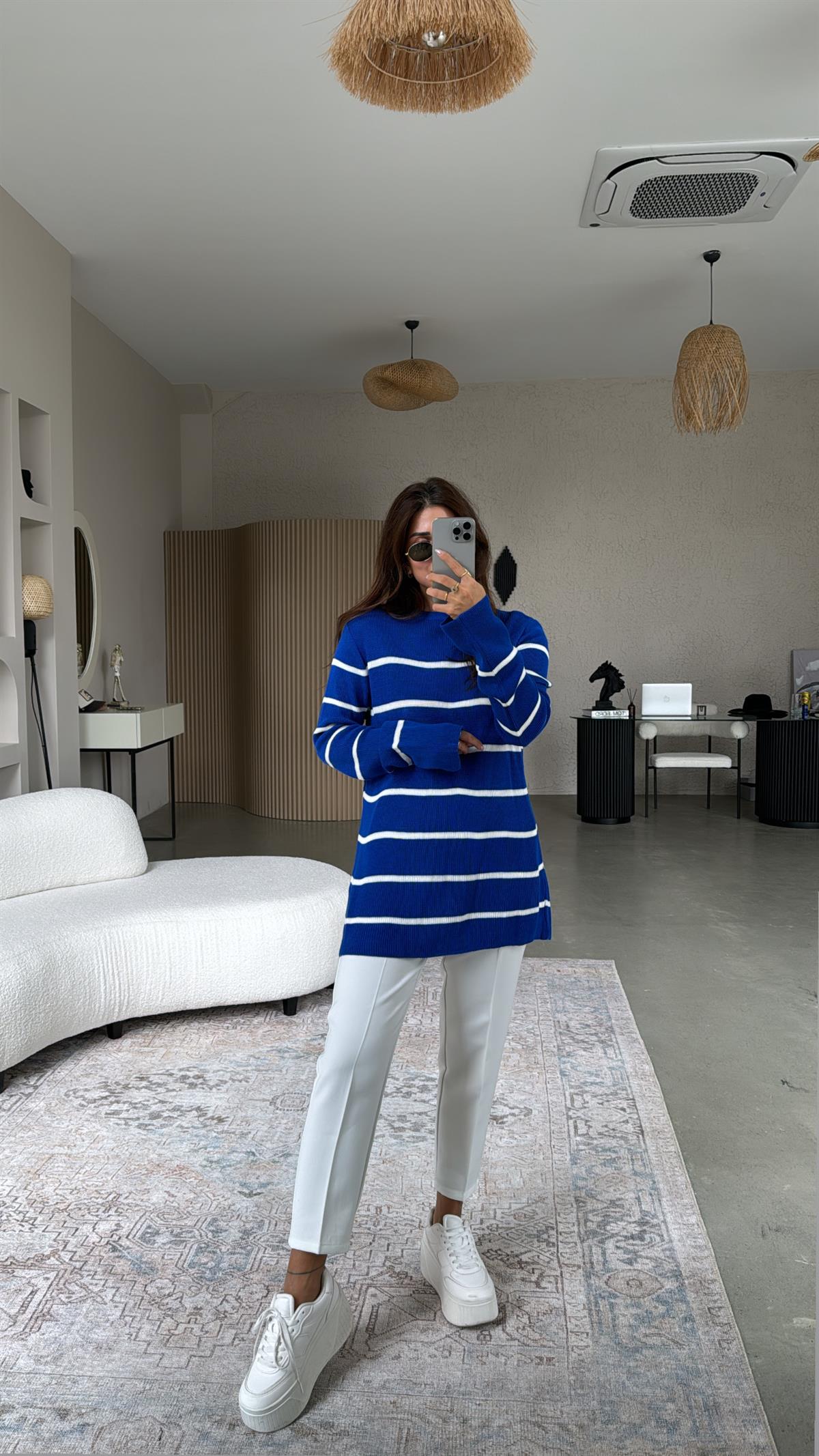 Saks Mavi Çizgili Triko Tunik