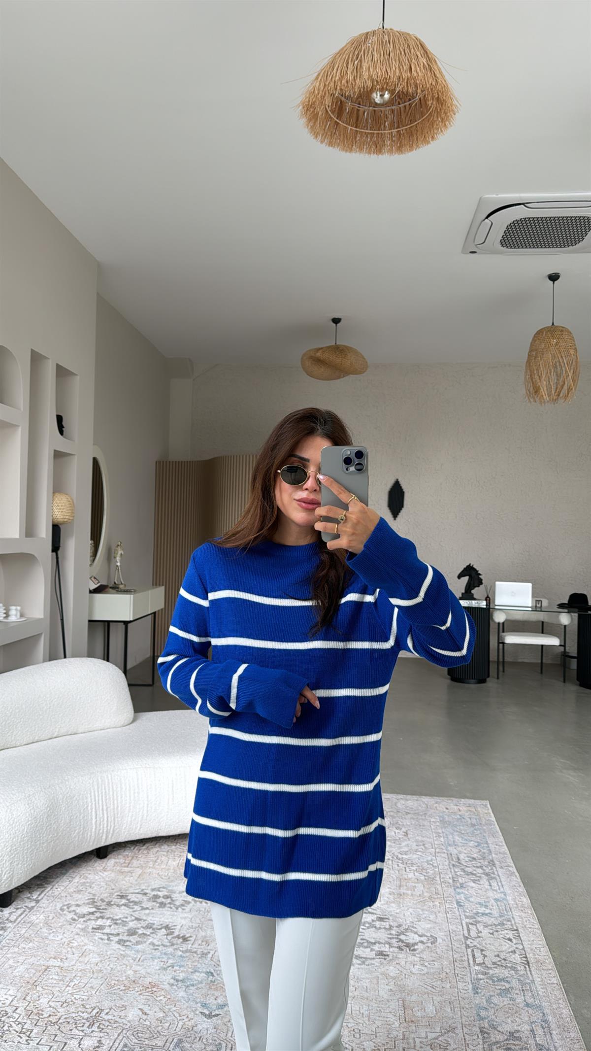 Saks Mavi Çizgili Triko Tunik