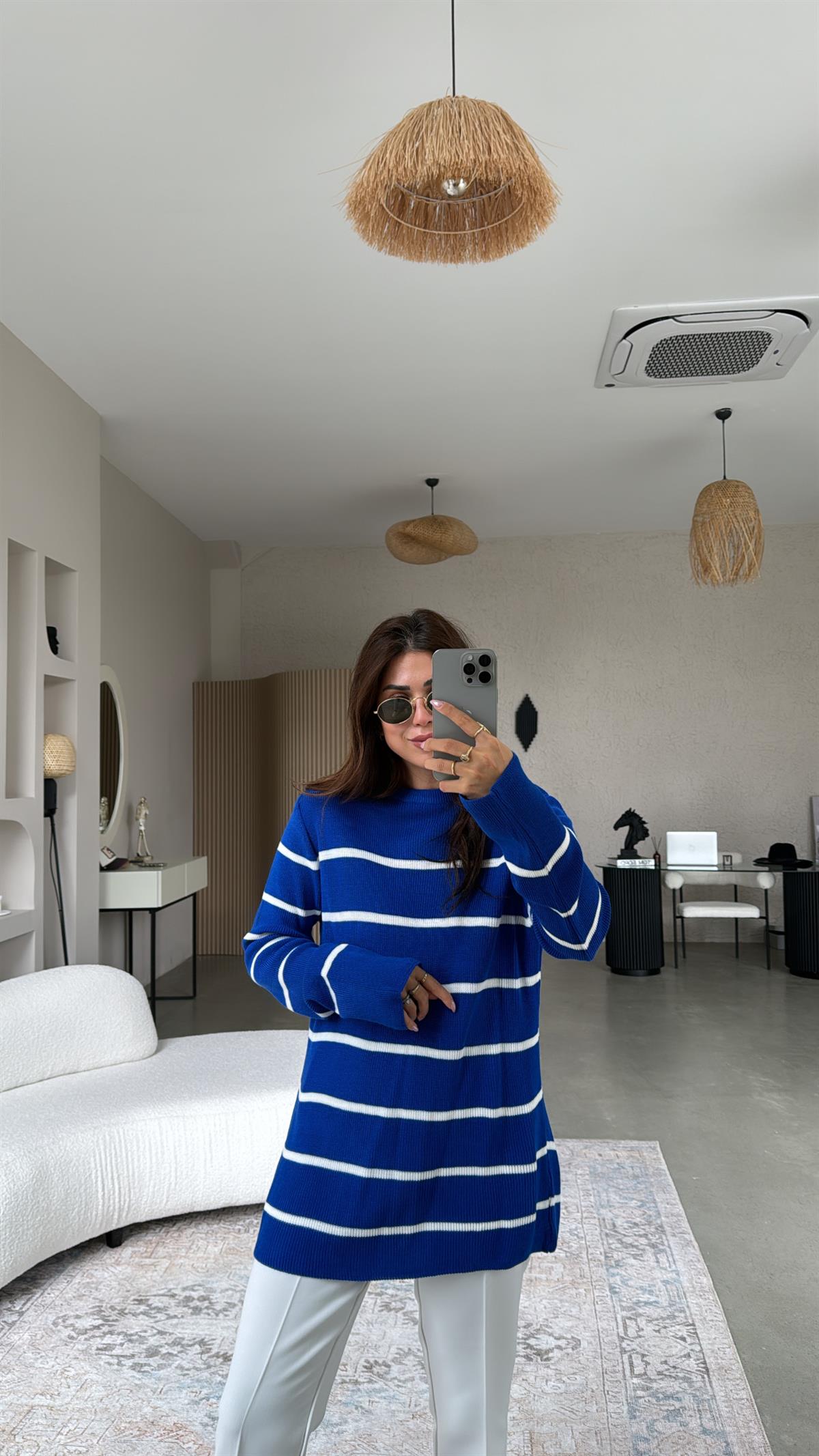 Saks Mavi Çizgili Triko Tunik